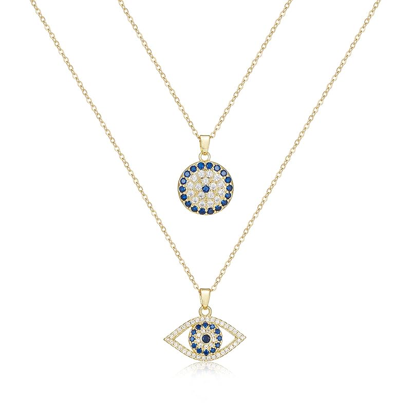 Evil Eye Necklace Layered Necklaces for Women, 2Pcs 18K Gold Plated Dainty Evil Eye Choker Pendant Necklace Handmade Evil Eye Jewelry Protection Gifts (gold)