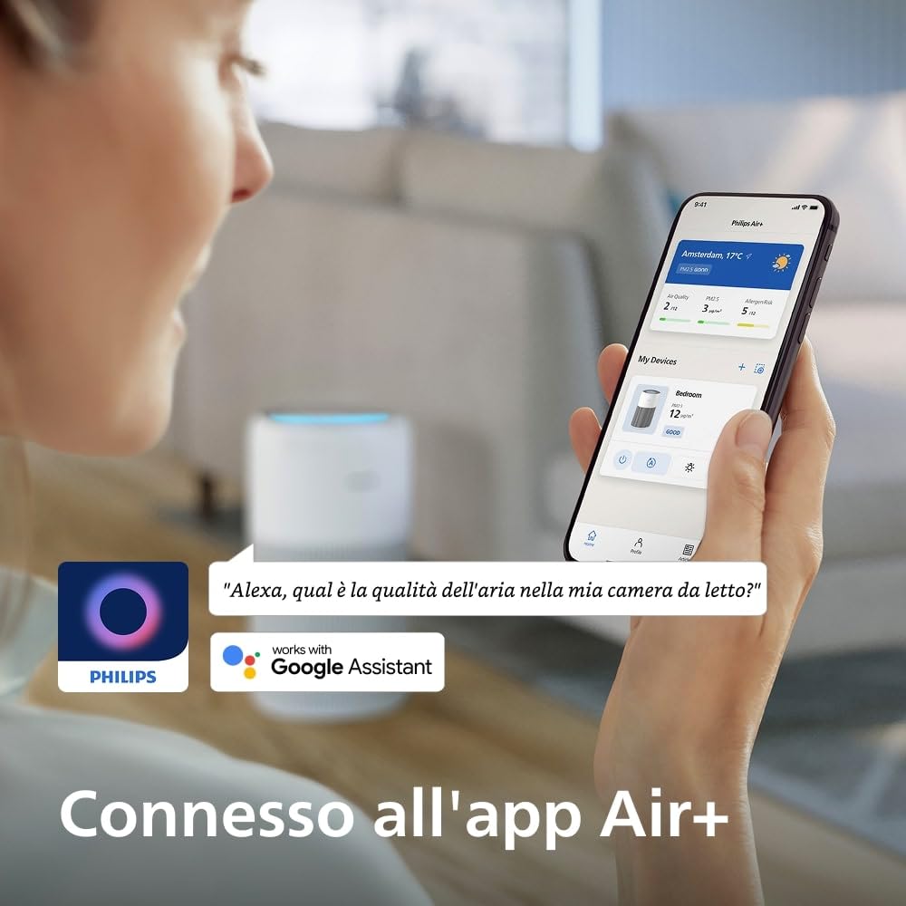 Purificatore d'Aria Philips Serie 2200, HEPA NanoProtect + Filtro a Carboni Attivi, CADR 400m³/h per ambienti fino a 140m², utile contro allergie, Ultra-silenzioso, Filtro intelligente (AC2210/10)