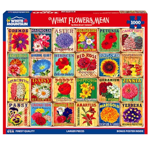 White Mountain What Flowers Mean 1000 Piece Puzzle Unique Art Collage Jigsaw Puzzles for Seniors and Adults