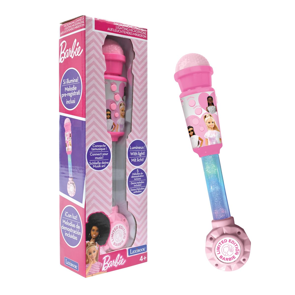 Lexibook, Barbie Luminous Microphone for children, musical toy, built-in speaker, luminous effects, Aux-in socket, Pink, MIC90BBLXB