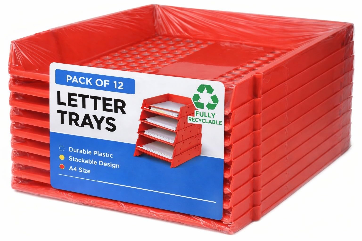 Deflecto A4 Pk of 12 x Essential Letter Tray In Red, A4 paper tray organiser, letter organiser storage, desk trays - CP043YTREDX12 - Pk of 12