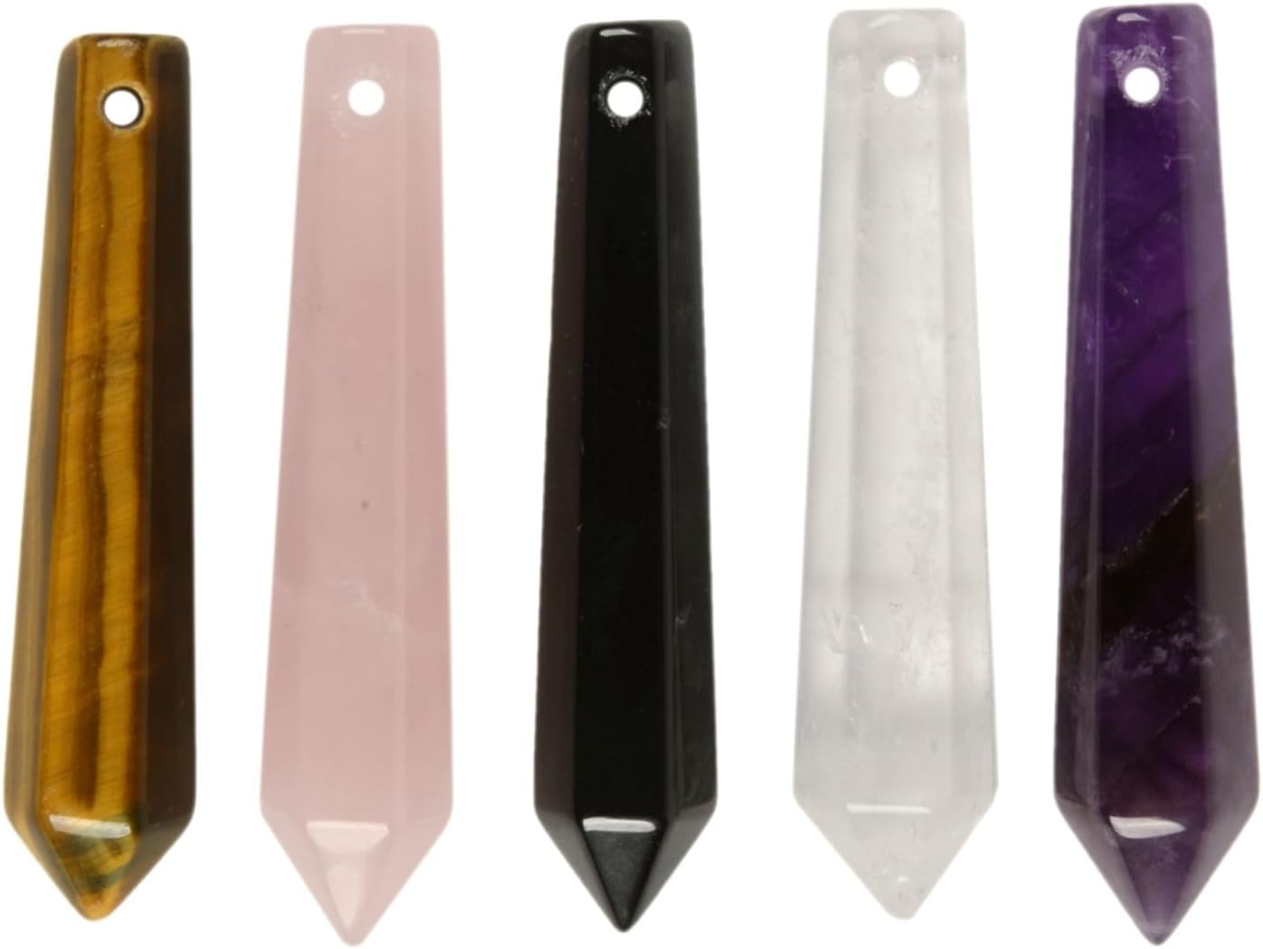50mm Natural Yellow Tiger Eye Pink Quartz Black Obsidian White Clear Quartz Amethyst Hexagonal Wand Jewelry Making Crystal Pointed Chakra Reiki Healing Beads 2mm Hole Drilled(Pack of 5)