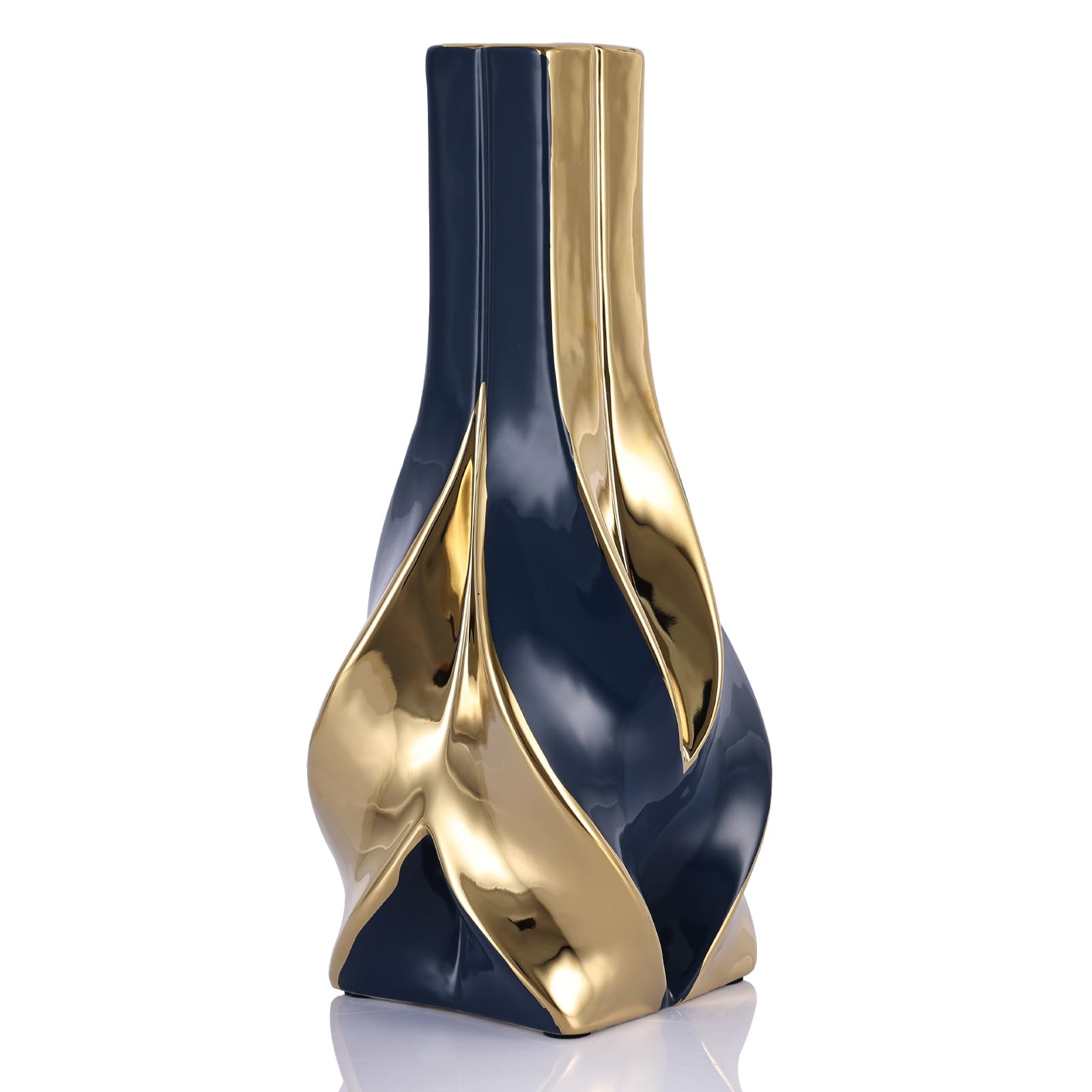 oliruim 10.6" Tall Blue and Gold Ceramic Vase – Modern Elegant Home Decor for Living Room, Table Centerpiece, Desk, Office, Perfect for Pampas Grass (Blue Gold)