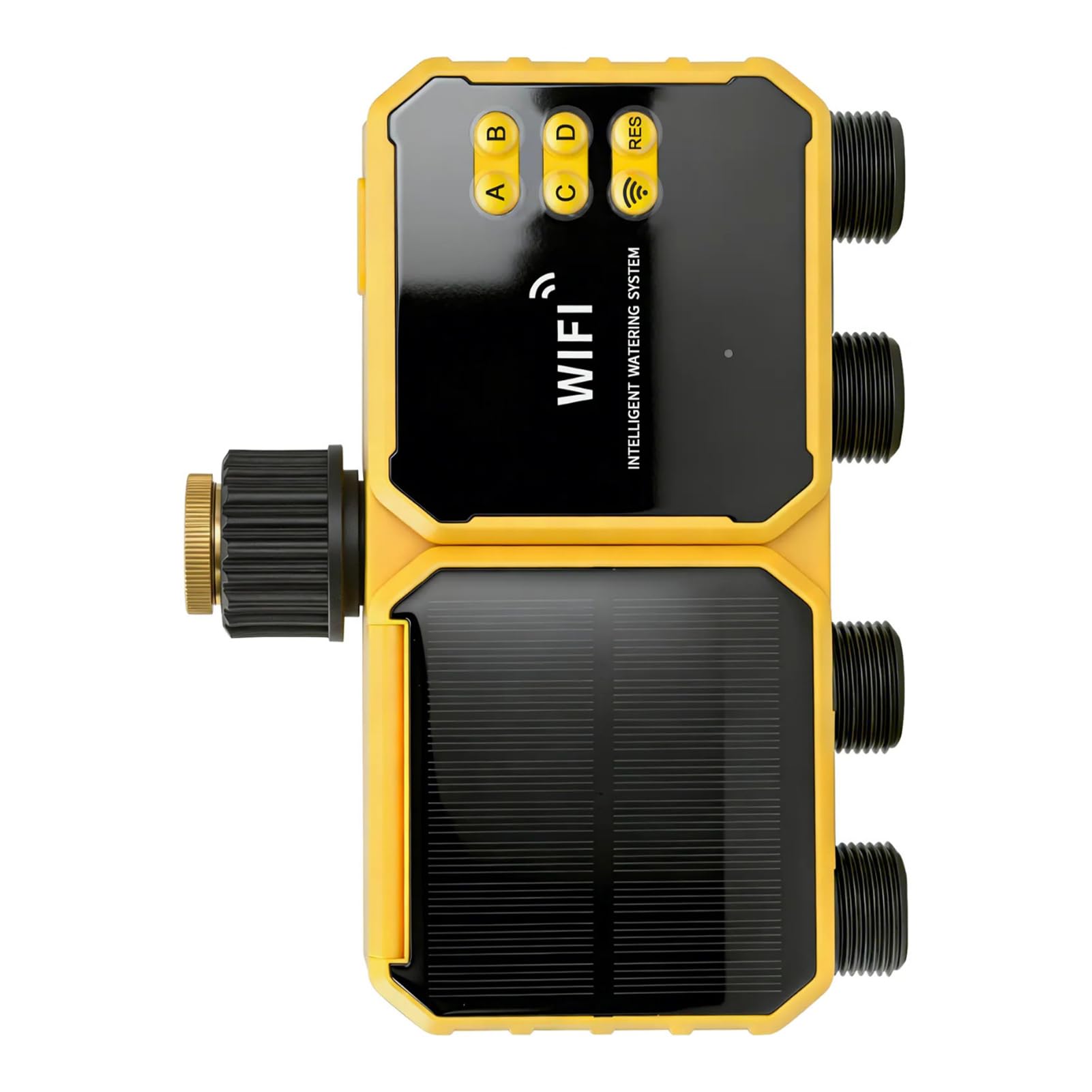 Hyuduo Sprinkler-Timer, 4-Zonen-Solar-WiFi-Wassertimer mit APP-Fernbedienung, Regenerkennungsfunktion, 90° Verstellbares Bedienfeld für die Rasen- und Gartenbewässerung (Zollgewinde 3/4")