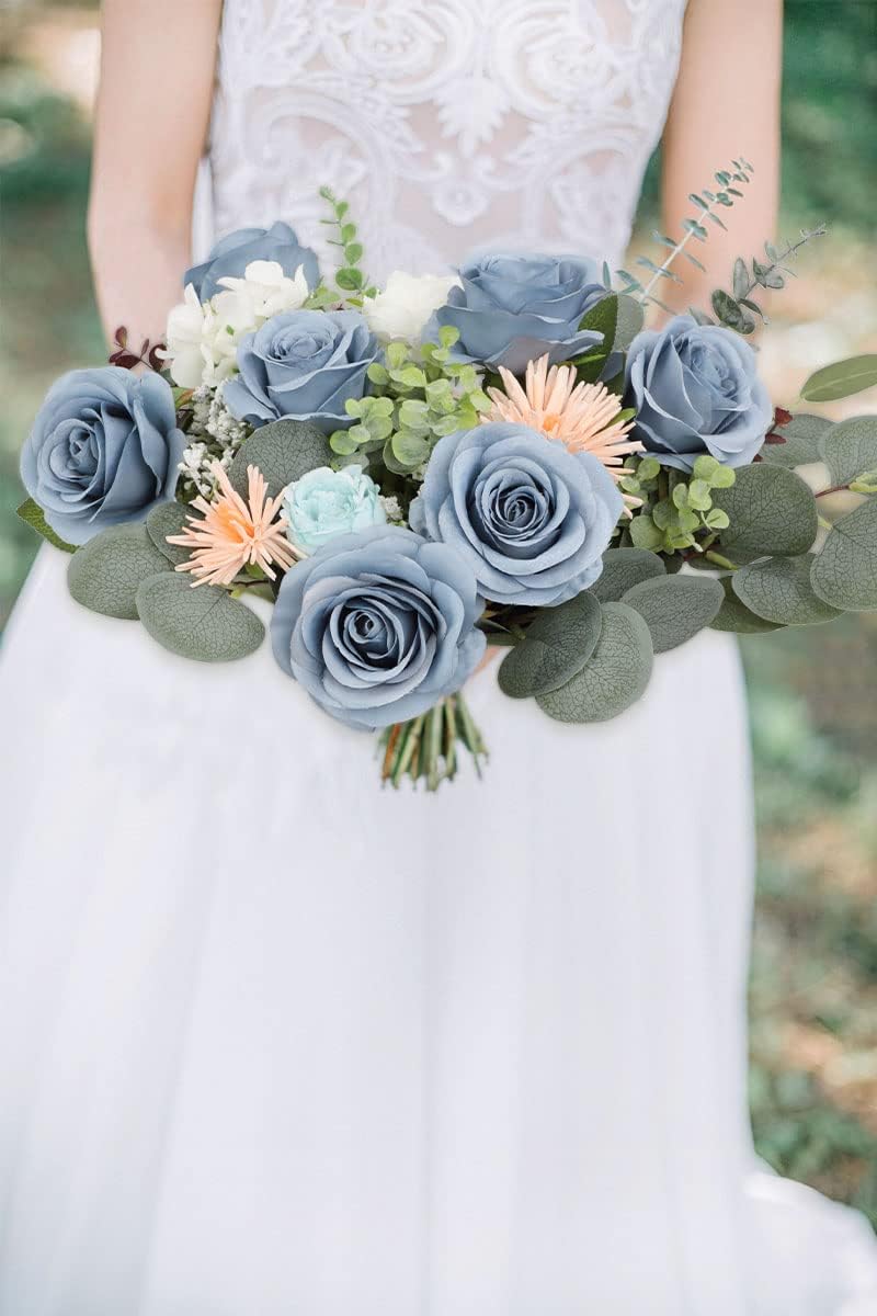 JUSMAI 50pcs Roses Artificial Flowers Dusty Blue Silk Roses with Long Stems Fake Flowers for Wedding Bouquet Centerpices Decorations Party Bridal Baby Shower Home Decor