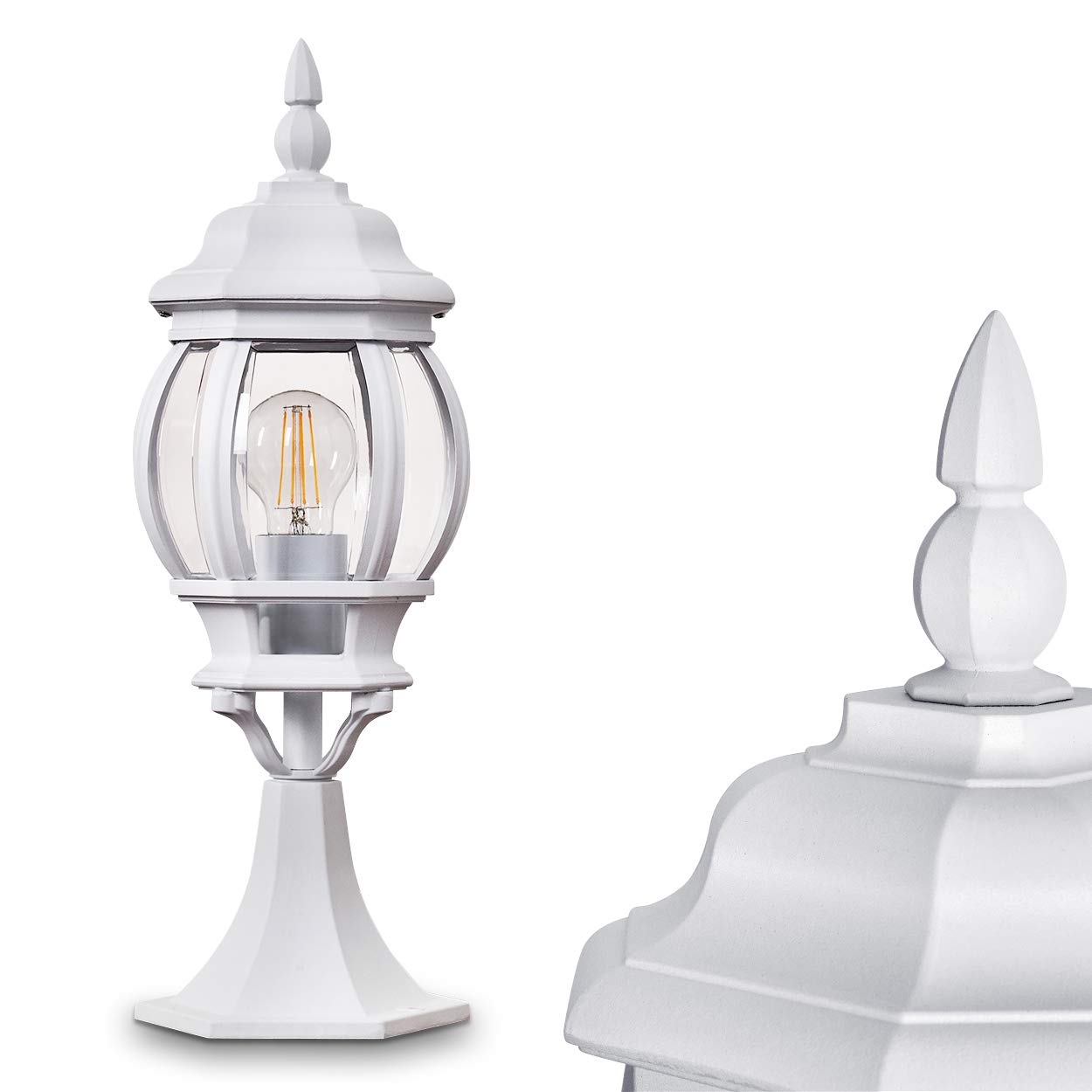 Lampa zewnętrzna Lentua, podstawa w stylu antycznym, odlew aluminiowy w kolorze białym z tarczami z tworzywa sztucznego, oświetlenie ścieżki 50cm, E27, IP44, bez żarówek