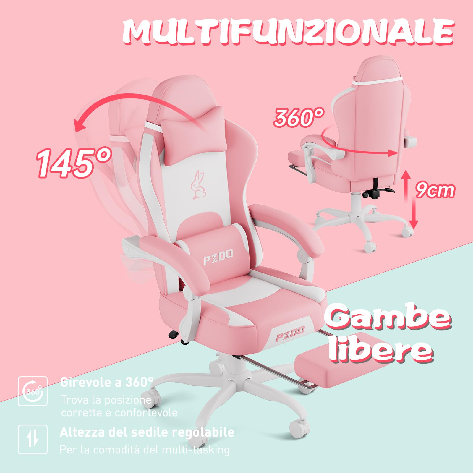 PZDO Sedia Gaming Rosa con Decorazione Rimovibile, Ergonomica Sedia da Ufficio Imbottita Kawaii Poltrona da Gaming PC con Poggiapiedi, Adolescente, Ragazza, Adulto, Regalo (Rosa-Bianco)