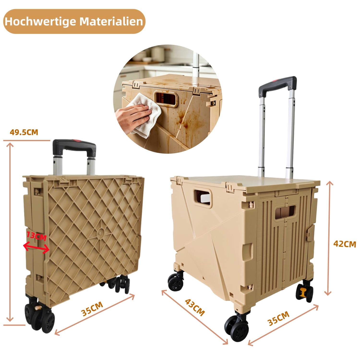 Hooha Carrello per la spesa pieghevole con ruote, carrello multiuso con doppie ruote e blocco del freno, contenitore pieghevole, ruote silenziose, ideale per insegnanti, giardino e attrezzi