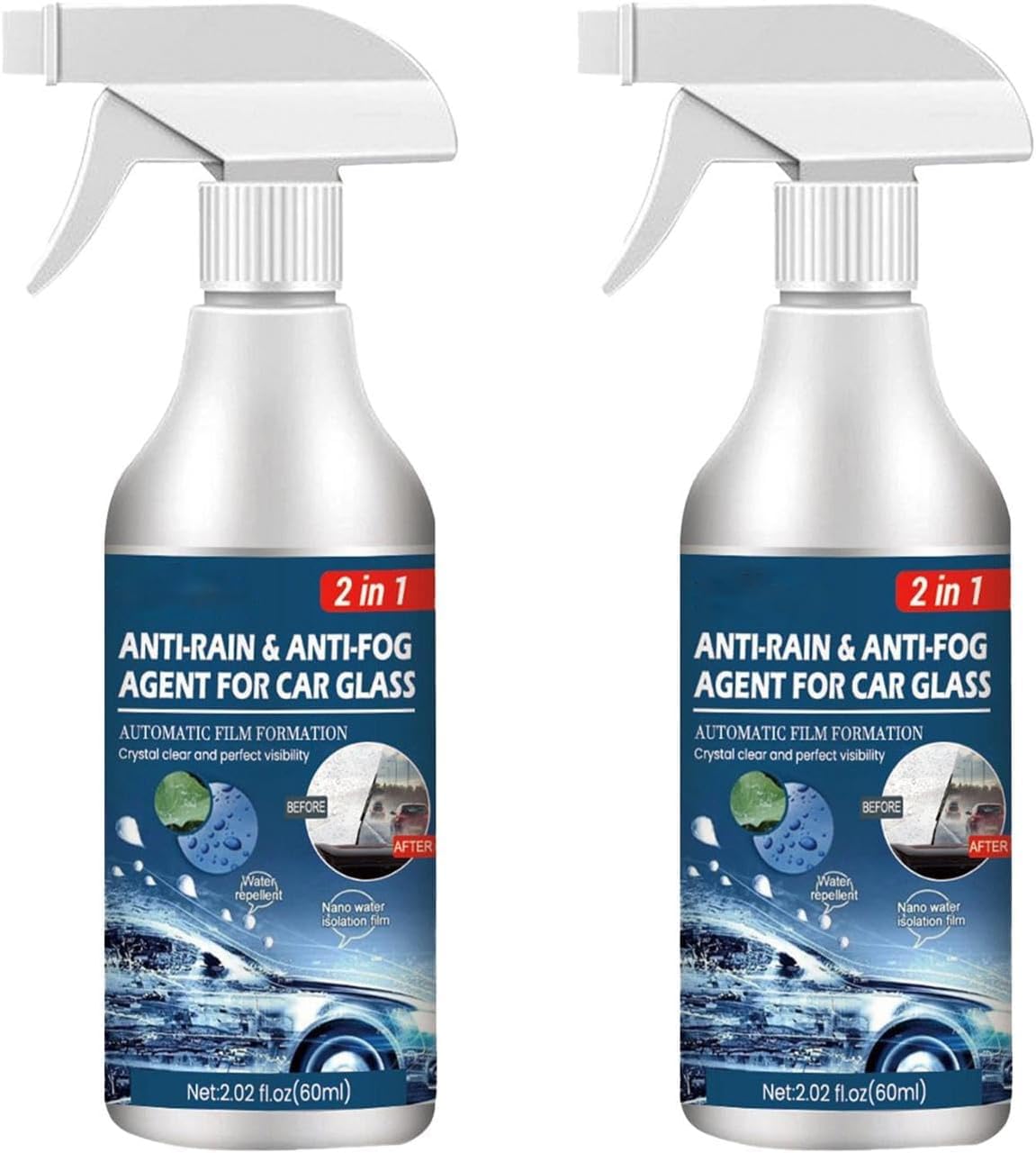 Anti Fog Spray for Windshield 2PCS, 60ml Car Glass Waterproof Coating Agent, Auto Rain Repellent Spray for Interior Windscreen, Mirrors and Swimming Goggles