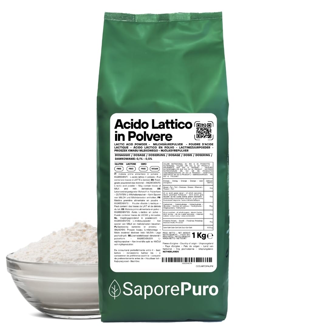 SaporePuro Acido Lattico in Polvere 1 kg – Qualità Alimentare Pura - Per Panificazione, Latticini, Bevande Fermentate e Uso Cosmetico