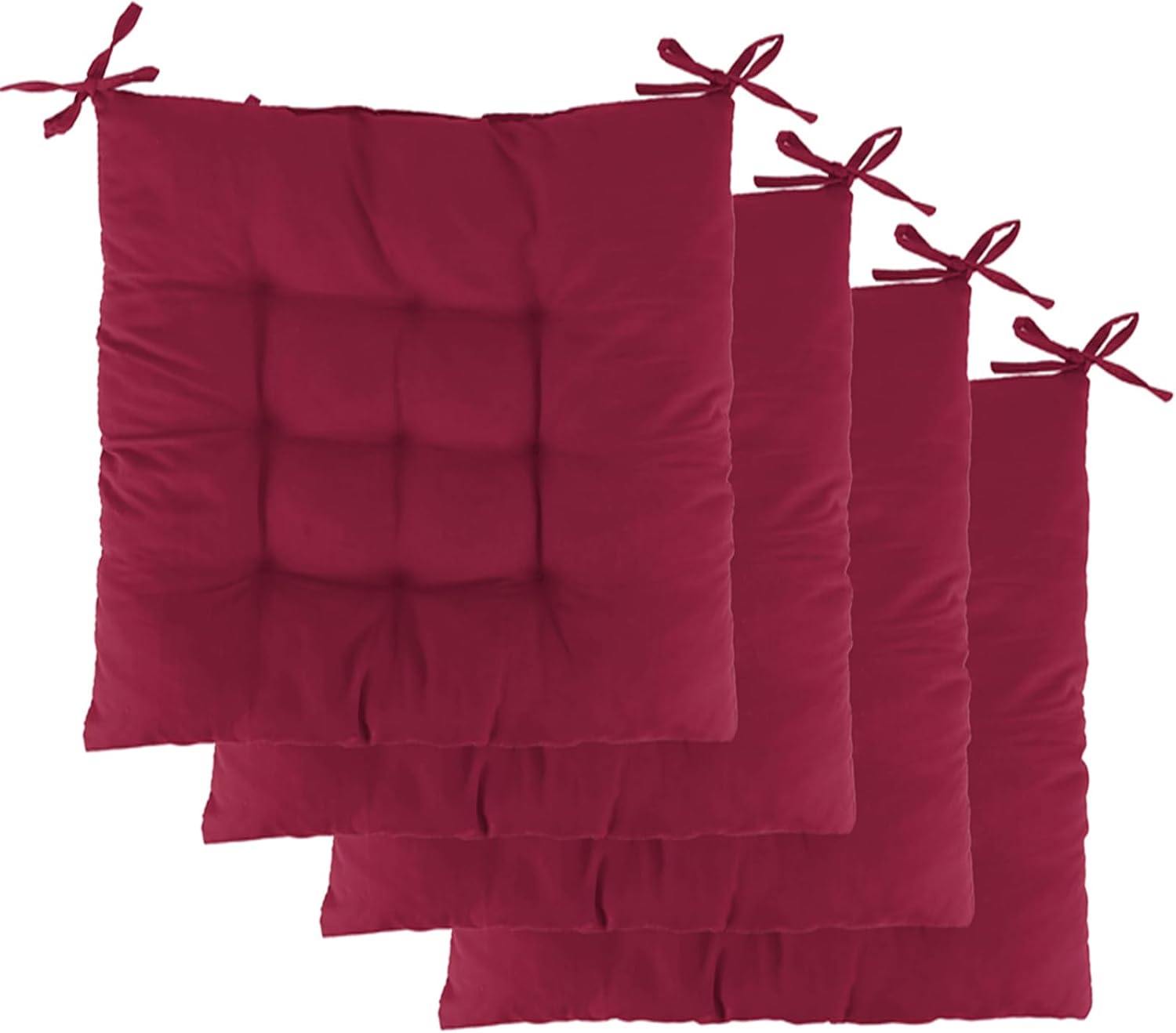 4Pcs Chair Cushion Pads, 17.72”x17.72”x2.37”Square Chair Cushion Mats, Soft Cotton Seat Pillow Mats with Non-Slip Ties for Indoor Home Office Car Sitting Travel, WineRed