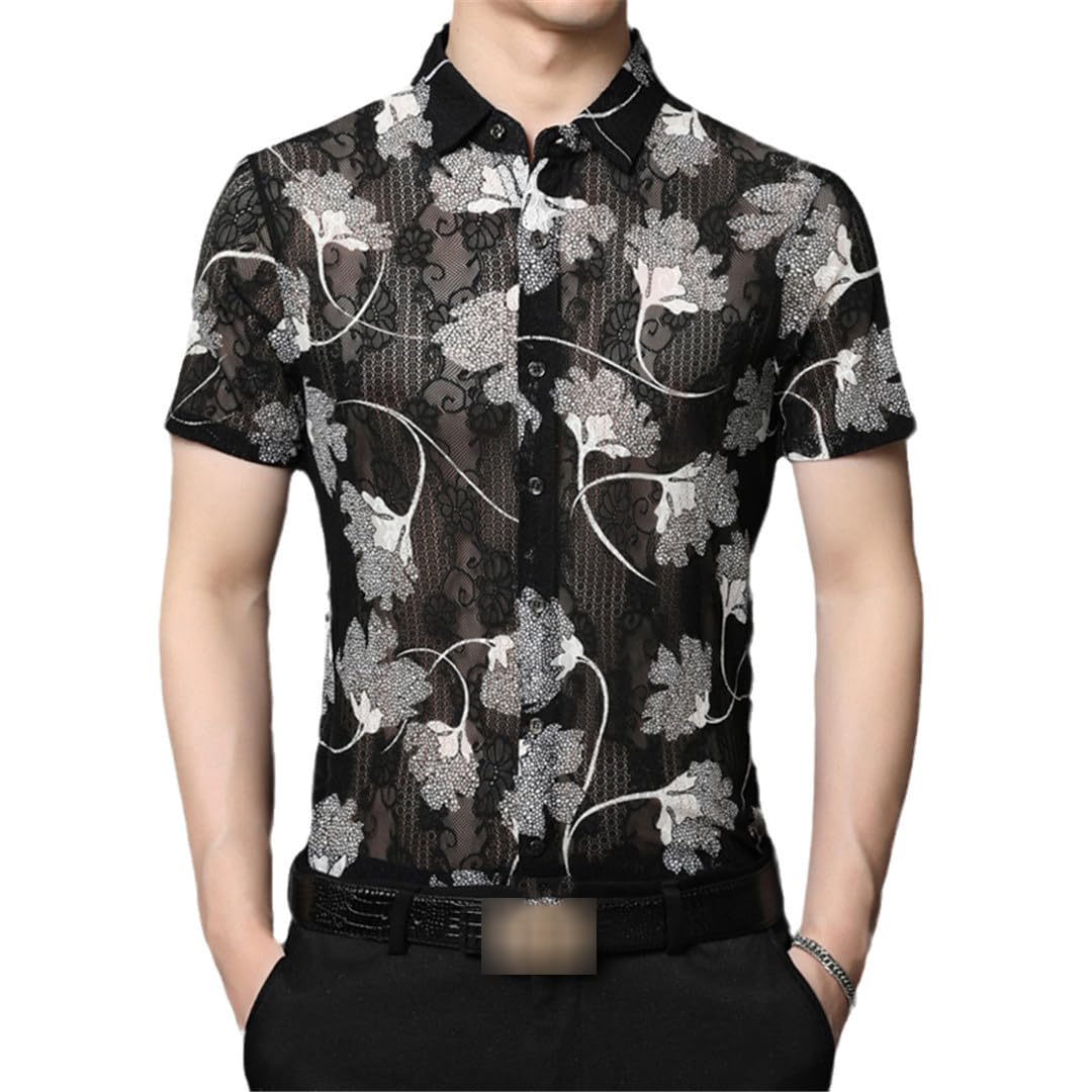 Yeuyyben Camicia da Uomo Sexy in Maglia Floreale Trasparente Camicia Estiva A Maniche Corte Scava Fuori Camicie Slim Fit Nightclub Party Top Trasparente