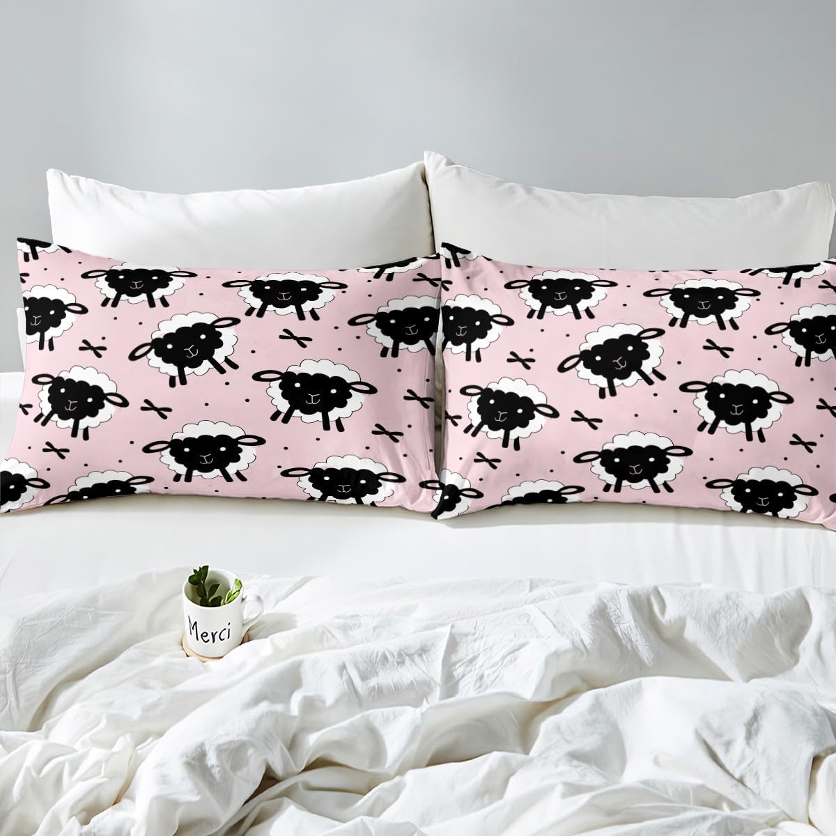 Erosebridal Cartoon Sheep Duvet Cover, Black Bowknot Toddler Bedding Sets for Kids Girls Bow Tie Bed Cover, Lovely Butterfly Knot Bed Set 2 Pieces for Bedroom Decor, Black Pink White