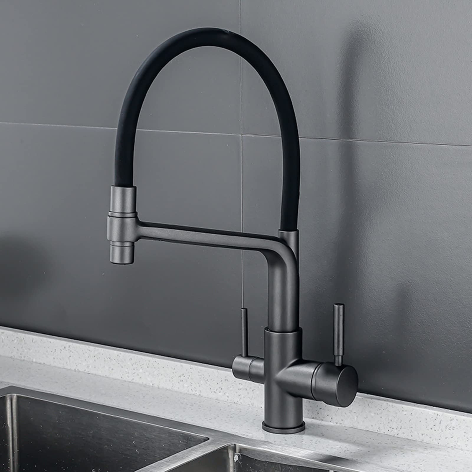 ZQFHSX 3Way PullOut Black Silicone Hose Mixer Tap with Dual Handles & Spray Function – Gun Grey Kitchen Sink Faucet for Easy Drinking Food Prep