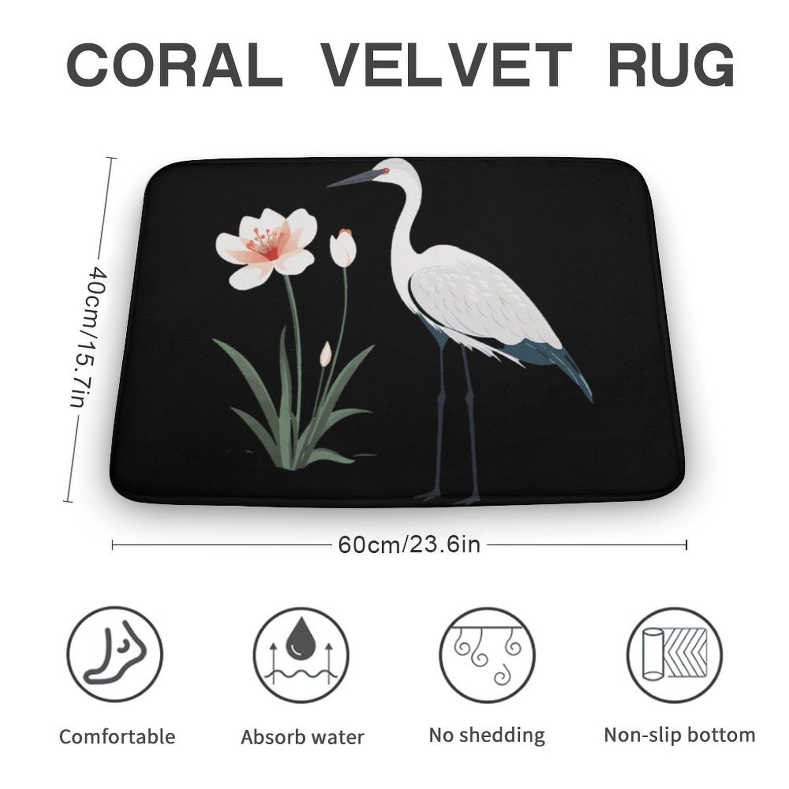 Red-Crowned Crane Coral Velvet Rugs Non-Slip Bathroom Rugs Soft Kitchen Rug Floor Carpet for Home Decor 15.7