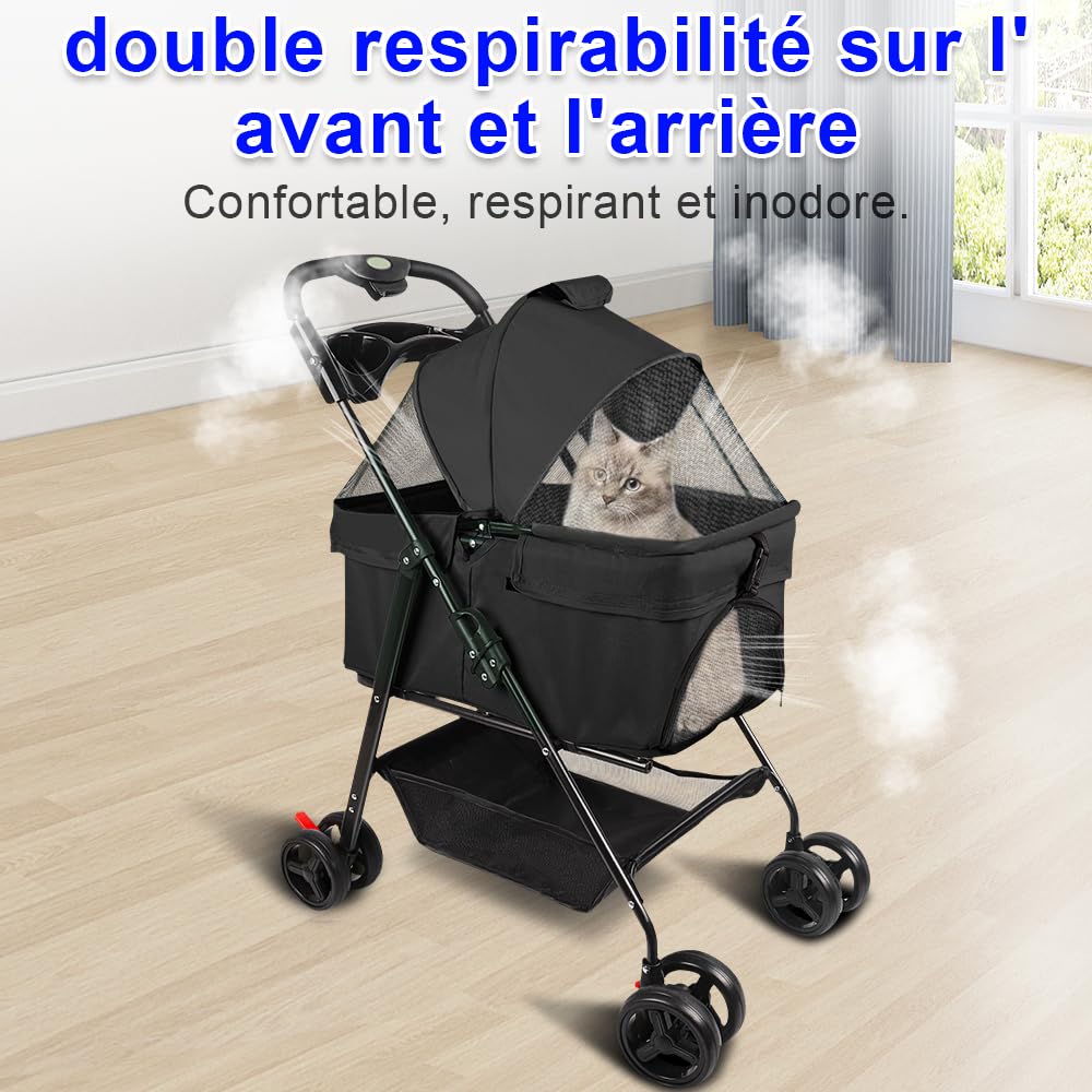 OHMG 3 en 1 Poussette Buggy Pliable Chien Chat,Panier de Rangement Porte-gobelets Tissu 600D Oxford Imperméable 4 Roues Résistant à l'Usure à 360°,Fenêtre en Filet,Porte-gobelet