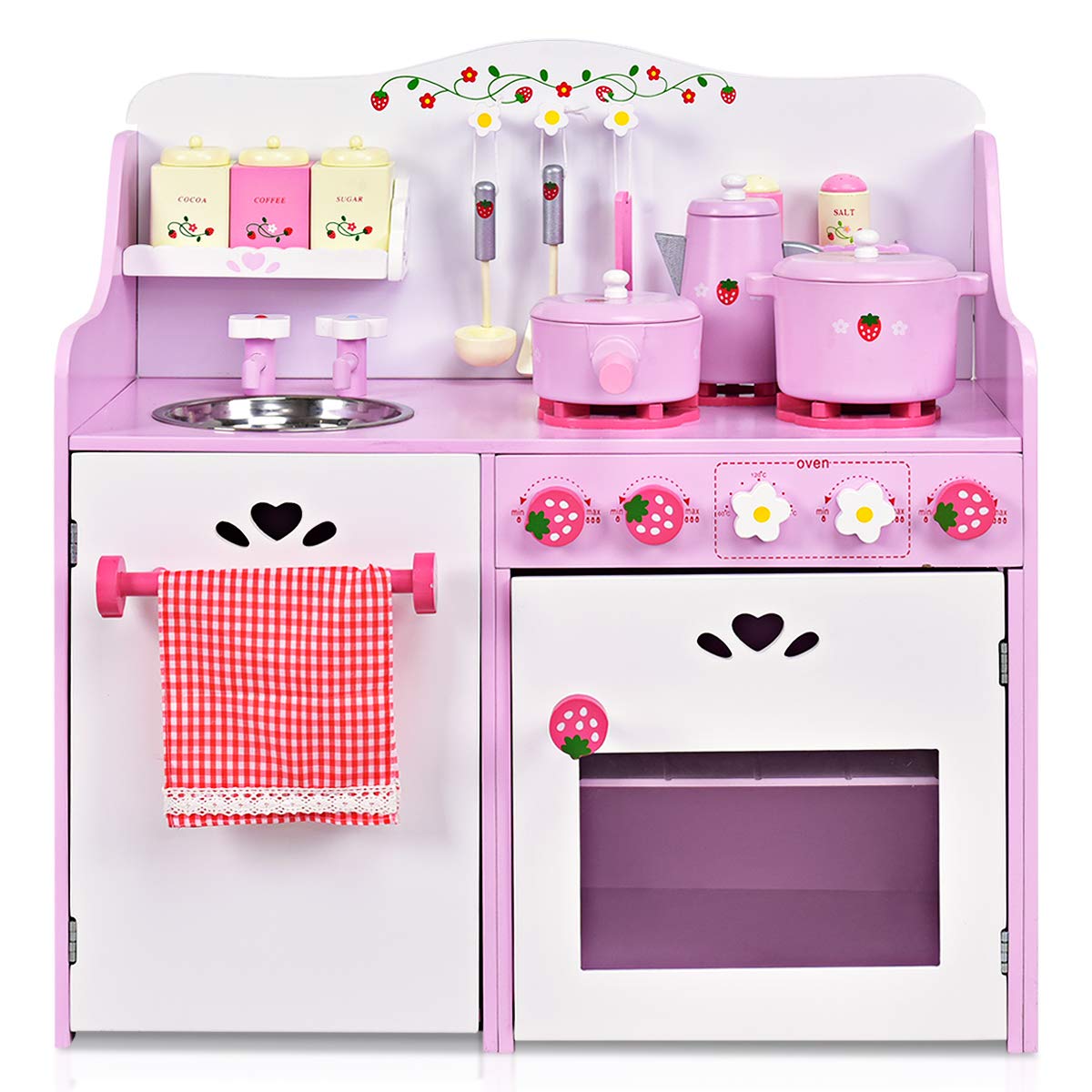 RELAX4LIFE Cucina in Legno per Bambini con Disegni di Fragole, Giocattolo Cottura con Accessori Completi, Regalo Perfetto per le Bambine con più di 3 Anni, Rosa e Bianco, 60 x 30 x 63 cm (L x P x A)