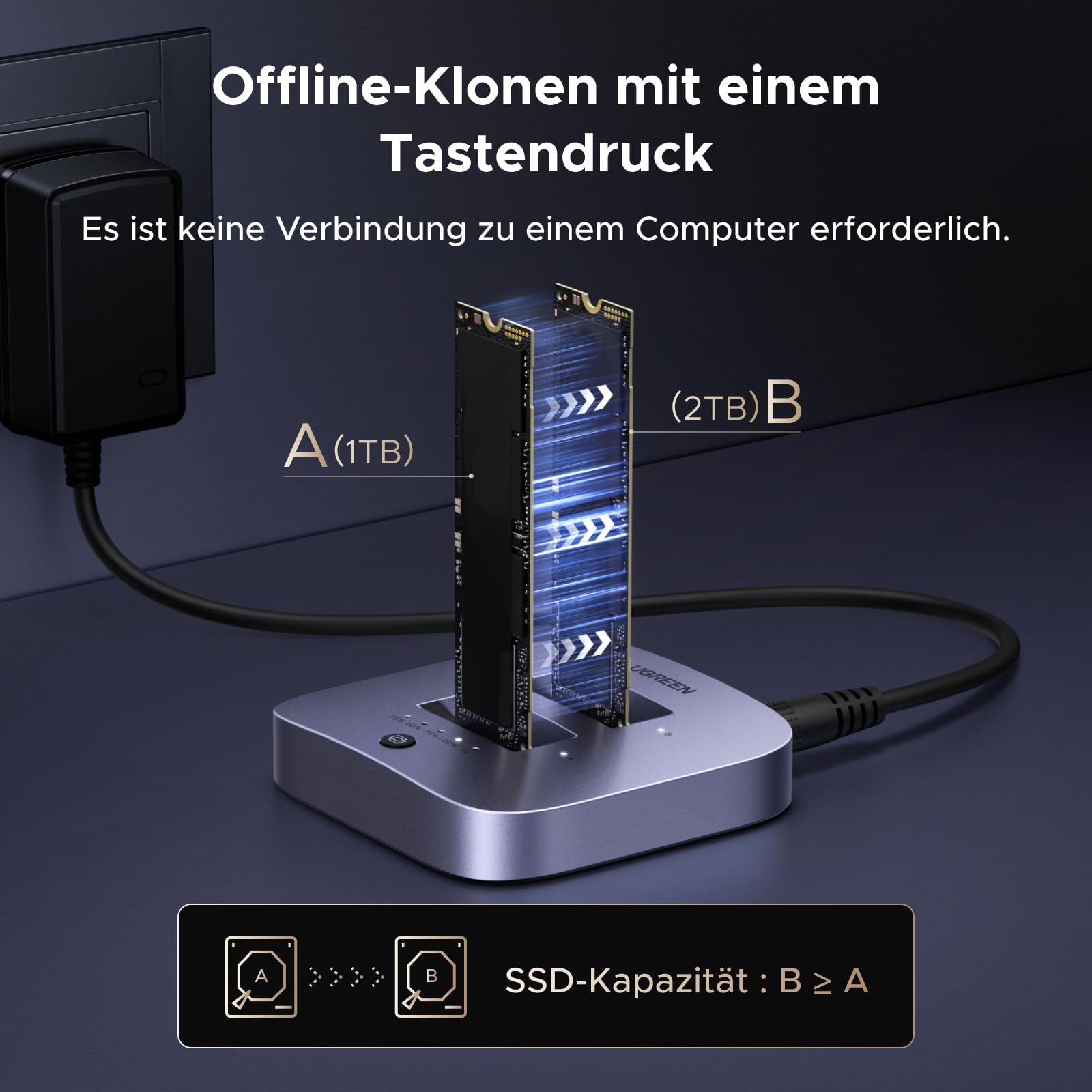 UGREEN Festplatten Dockingstation, USB 3.2 Gen 2X2 20Gbps Dual Bay NVMe SSD Gehäuse, M.2 Festplattengehäuse für M Key PCIE NVMe SSD, Offline-Klonen und UASP unterstützt