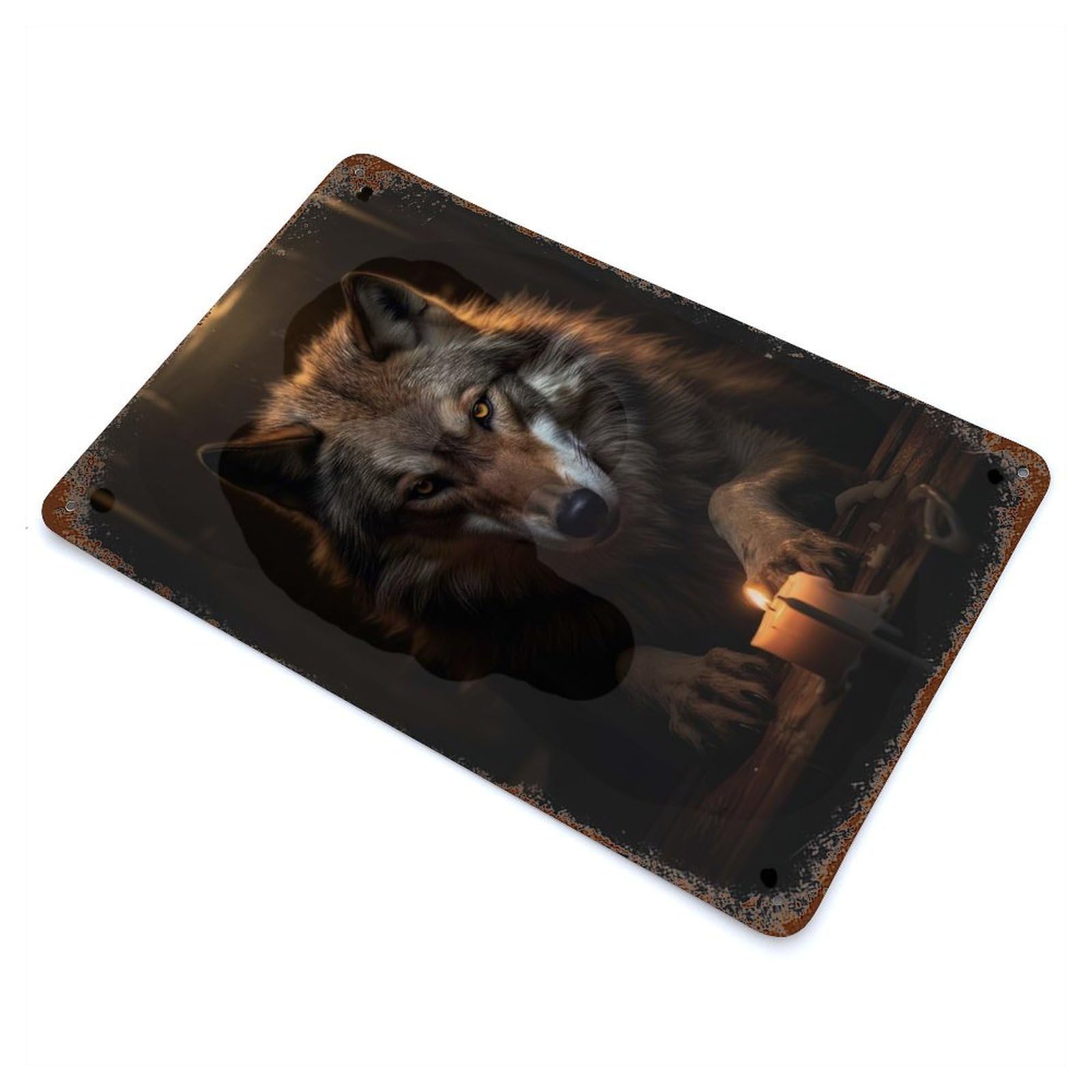 Garage Style Moody Wolf Magical Candle Aged Metal Wall Plaque 11.8"x7.9", Farmhouse Wall Decor for Bar And Workshop