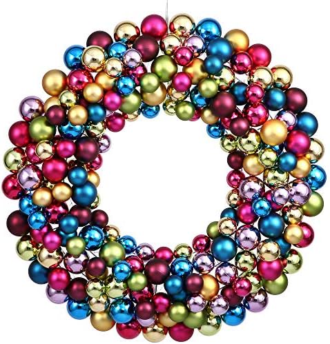 Vickerman 12" Multi-Colored Shiny and Matte Ball Christmas Wreath with Ornaments - Seasonal Holiday Decoration - Vibrant Christmas Decoration - Wire Frame