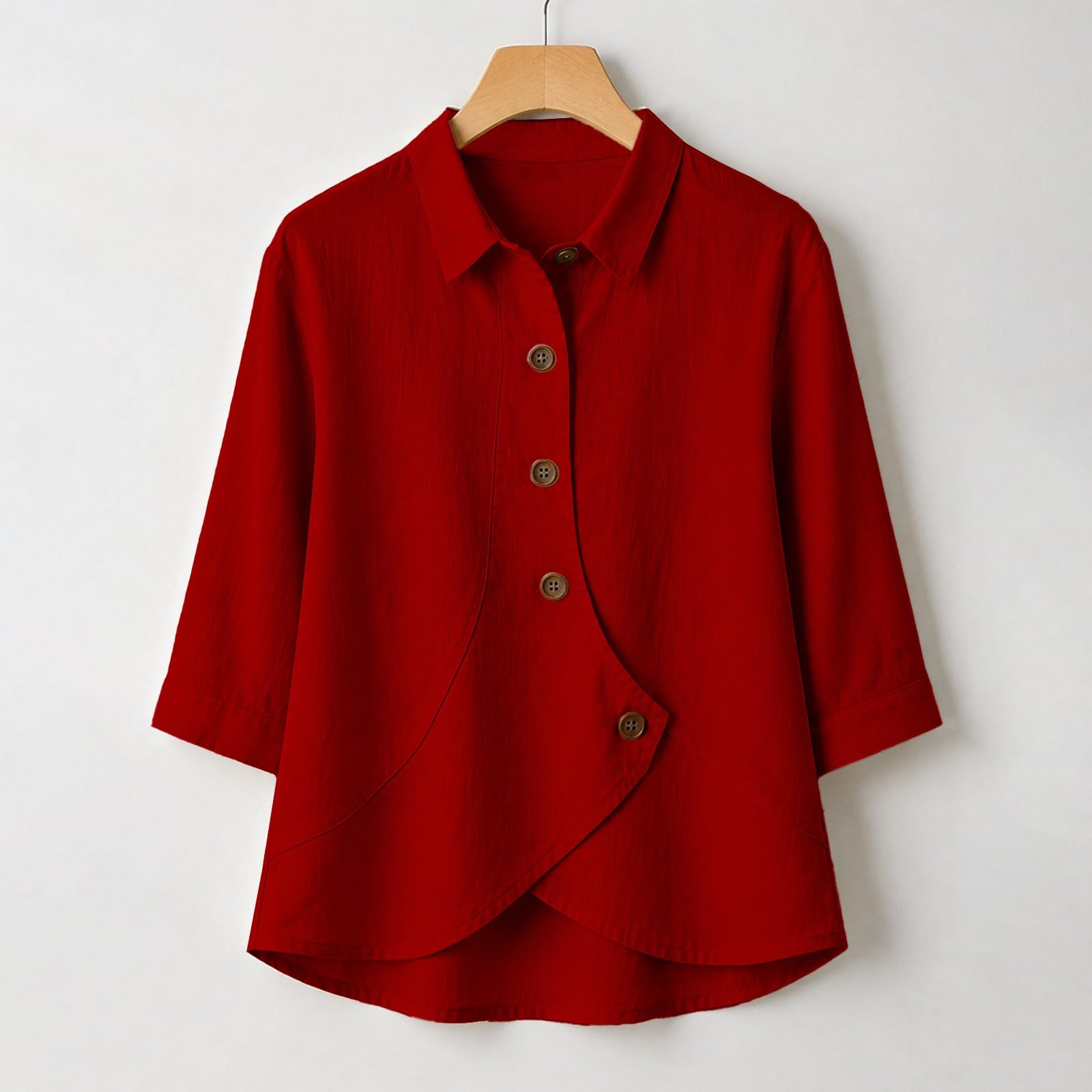 Chemisier à manches 3/4 pour femme, aspect lin, boutonnière asymétrique
