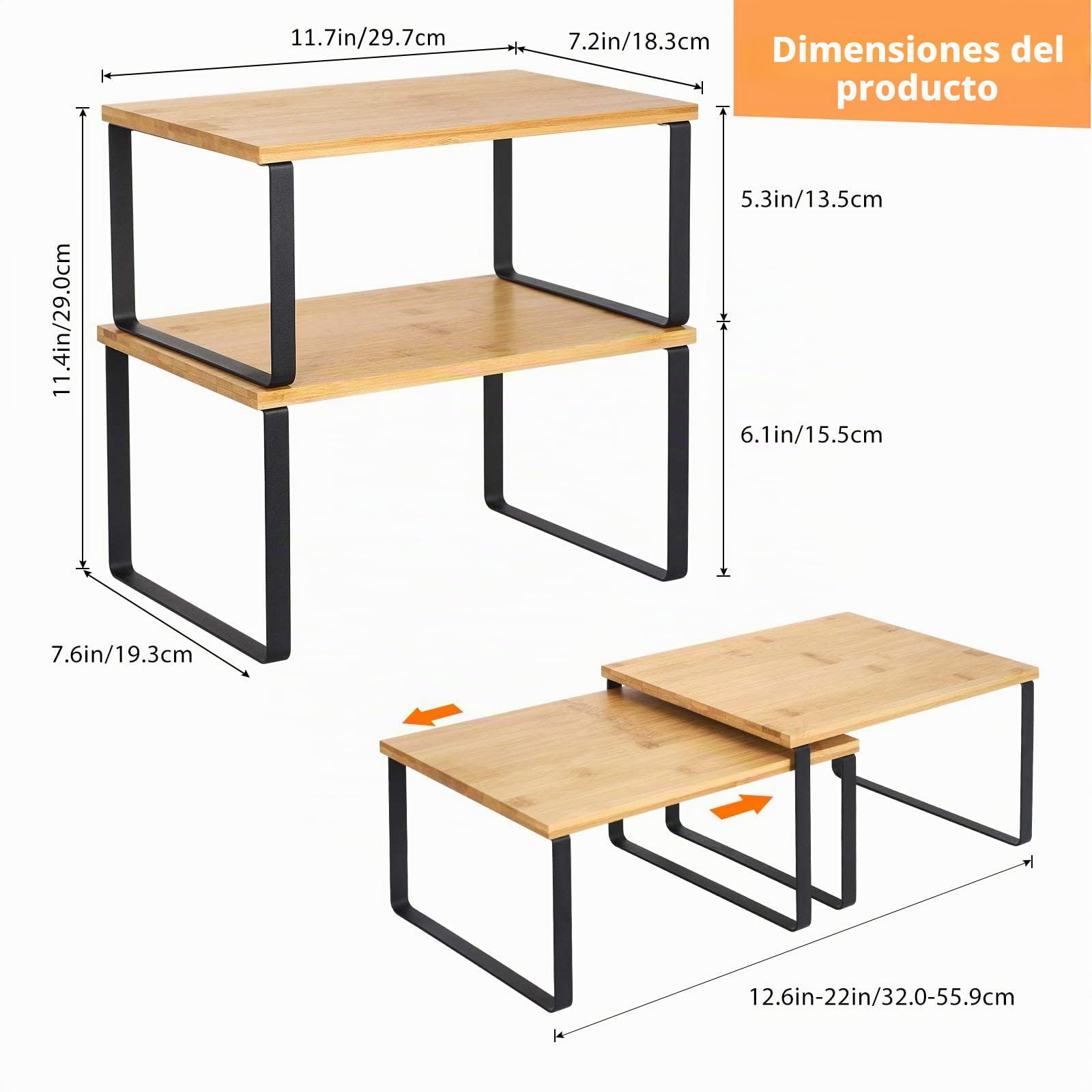LIANTRAL Juego de 4 Estantes para Especias, Organizador de Mostrador Expandible, Estante de armarios Apilable, Estante de Almacenamiento de Cocina, Metal y Madera de Ingeniería, Natural/Negro