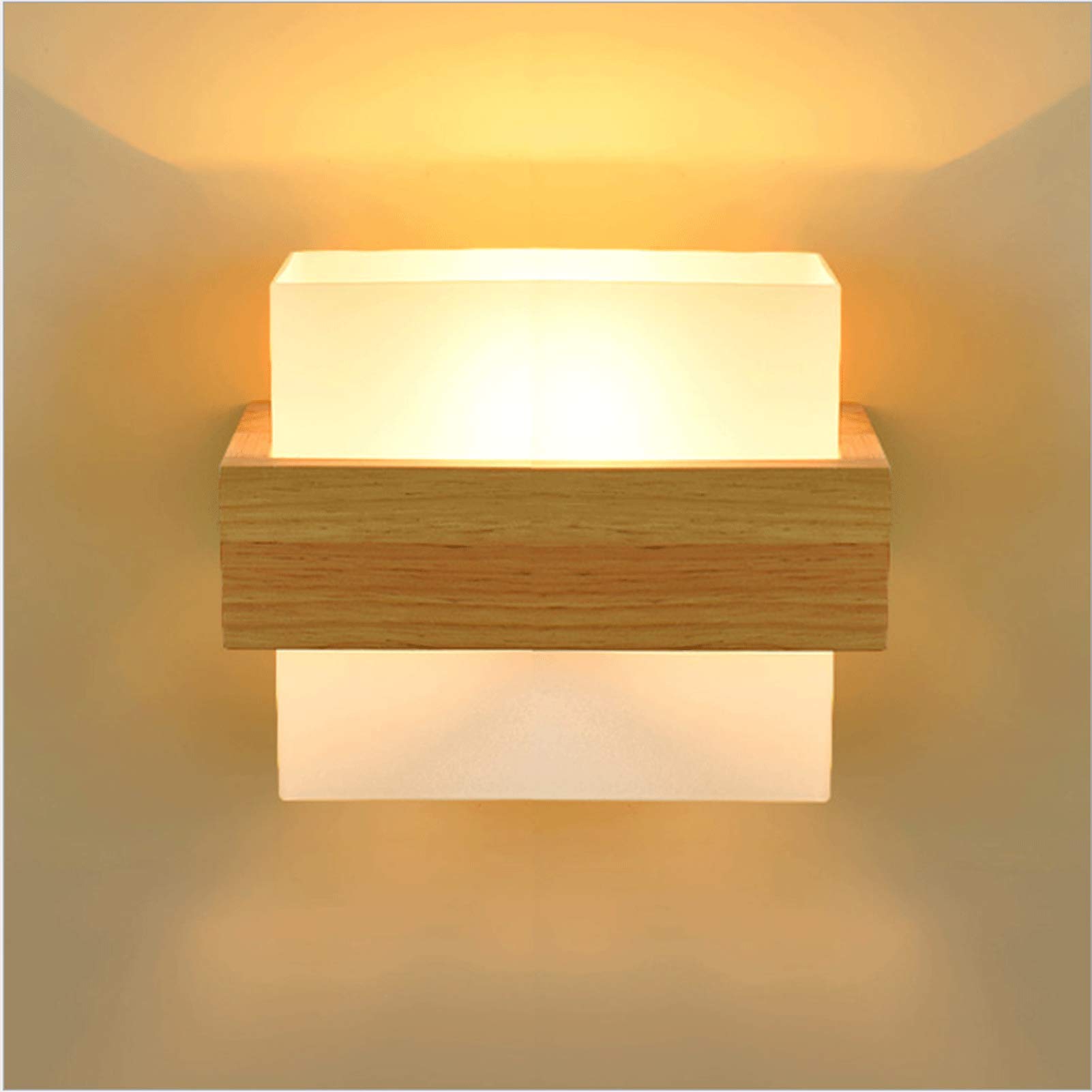 AWEITG Minimalist Wooden Wall Light Glass Lampshade - E27 LED Indoor Lamp for Bedroom, Living Room, Balcony, and More