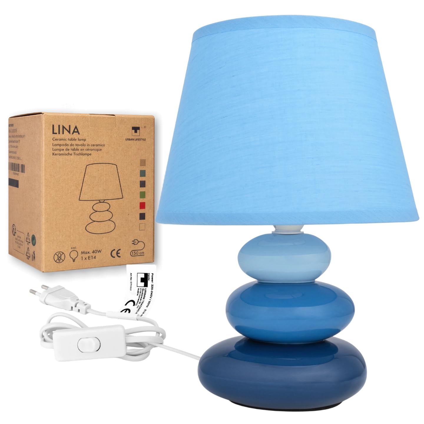 Urban Lifestyle Lina lámpara mesita noche azul, lámpara de mesa de cerámica con pantalla de tela, E14 230V, apta para LED, lámpara de noche para dormitorio, salón, alféizar y mesa auxiliar