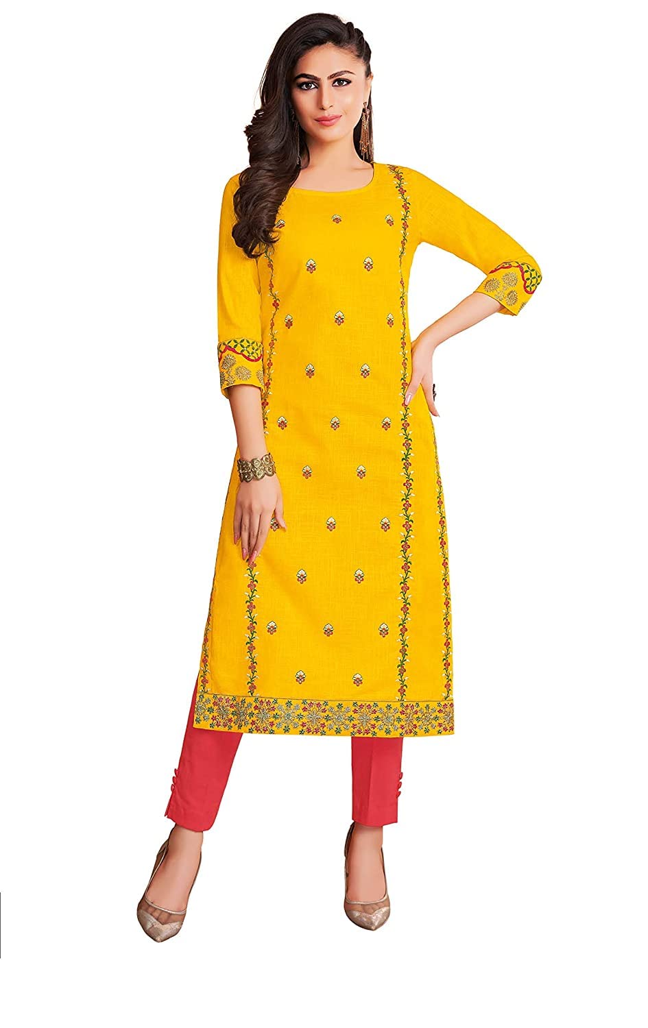 PAKIZA Women�s Embroidered Cotton Straight Designer Kurta Yellow