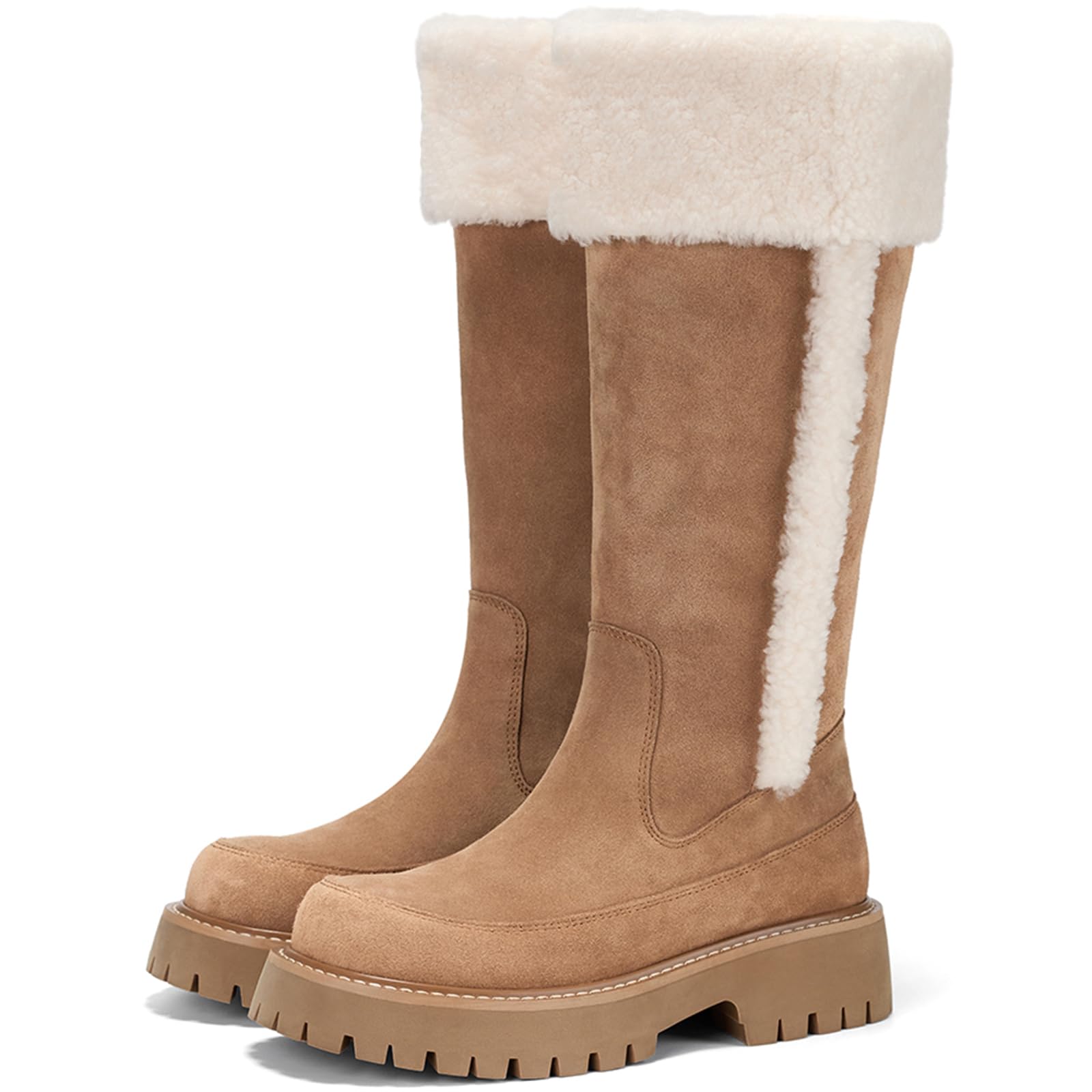 TDD Fur Boots for Women Suede Shearling Sheepskin Platform Brown Winter Lined Anti-Slip Cozy Tall Insulated Warm Snow
