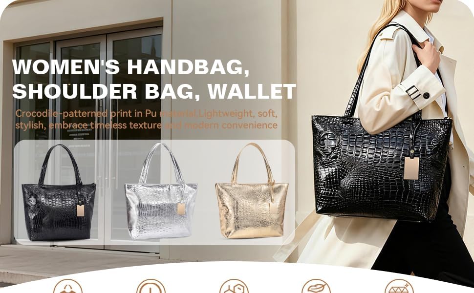 Mahadeku Large Capacity Crocodile Print Leather Tote Bag Reliable Zipper Long-Lasting Roomier for Work Travel Gym Silver - Image 3