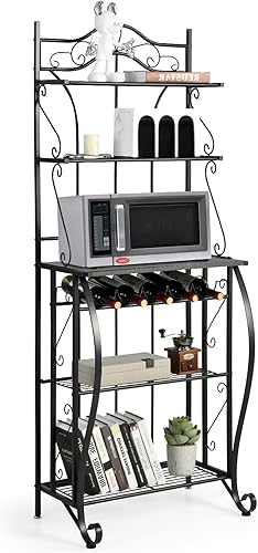 Giantex Estante para panaderos con almacenamiento soporte para microondas de cocina de 6 niveles con 5 botellas de vino estante organizador de metal