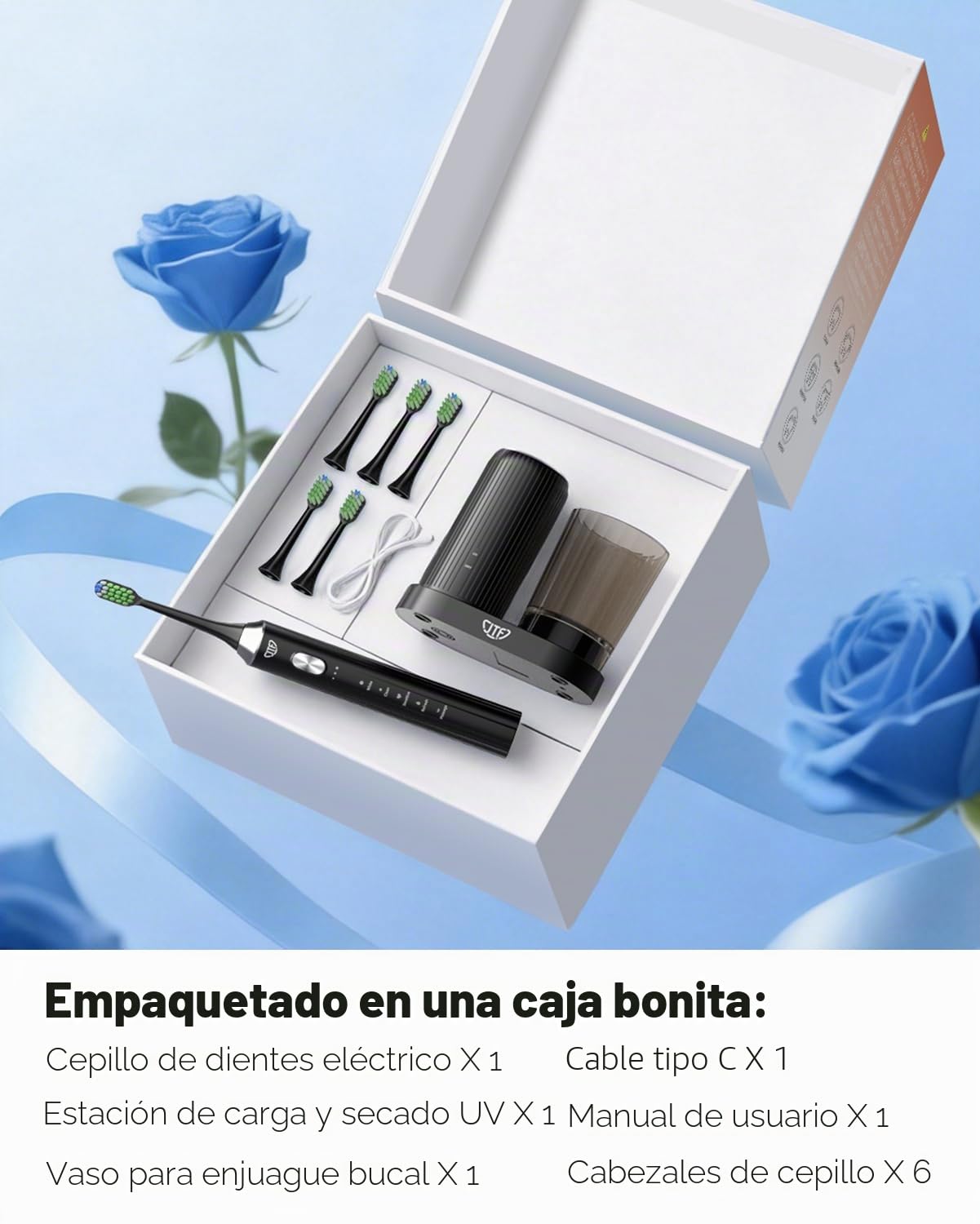 JTF Cepillo de Dientes Eléctrico Sónico con Limpieza y Secado UV, Estación de Carga Inalámbrica, 5 Modos de Limpieza, 6 Cabezales de Repuesto, Vaso Incluido y Resistente al Agua IPX7 (Negro)