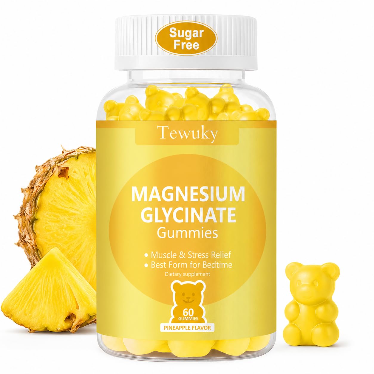 Magnesium Glycinate Gummies 500mg, Sugar-Free for Adults & Kids, Magnesium Gummies for Sleep, Stress & Muscle Relief, Supports Bone & Nerve Health, Vegan, Pectin-Based, 60 Count, Pineapple Flavor Pineapple 60 Count (Pack of 1)