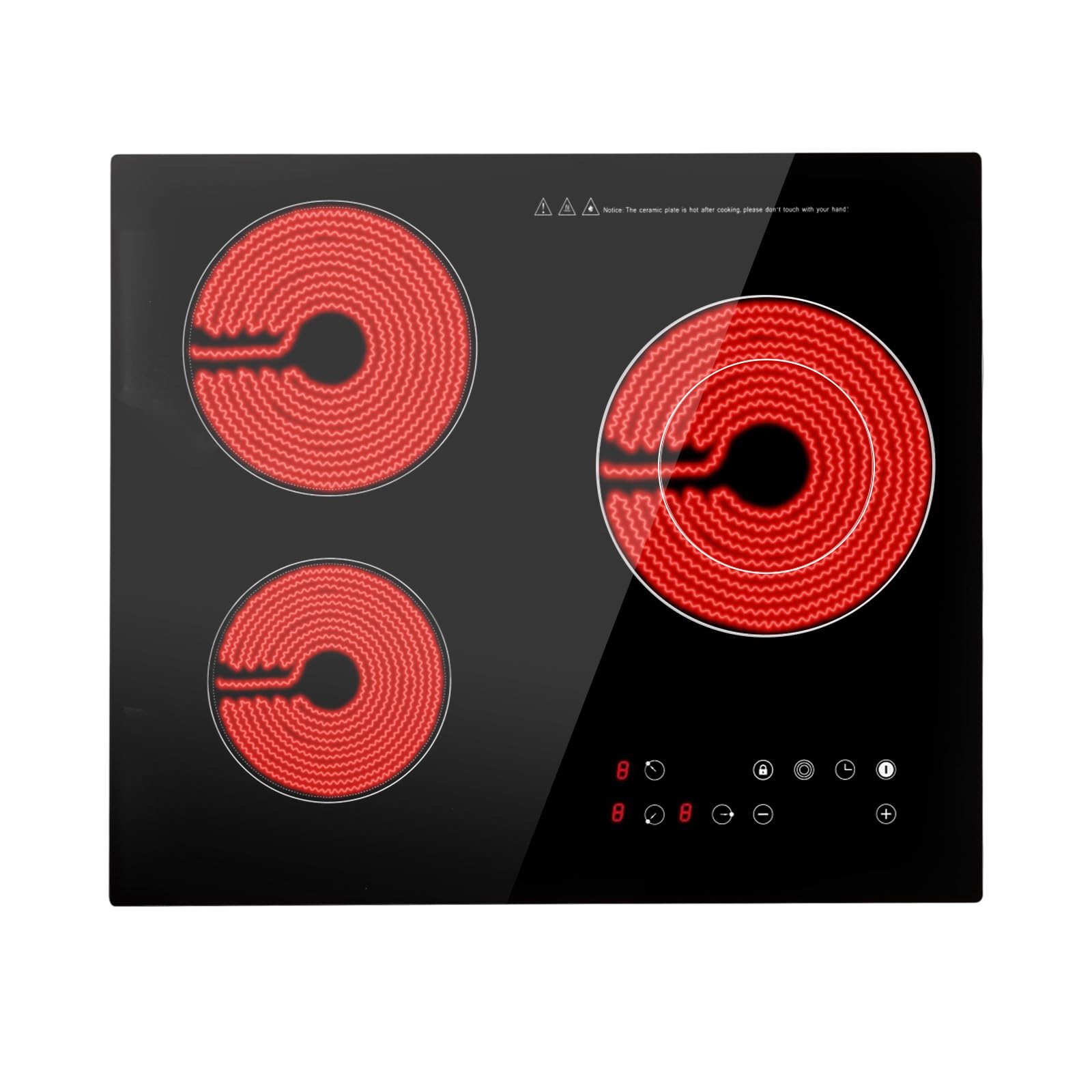 CUBELLIN Electric Stovetop 3 Burners Radiant Electric Stove 110v 2600w Electric Ceramic Stove Built-In & Countertop Electric Burner 9 Heating Level and Kid Safety Lock, No Plug