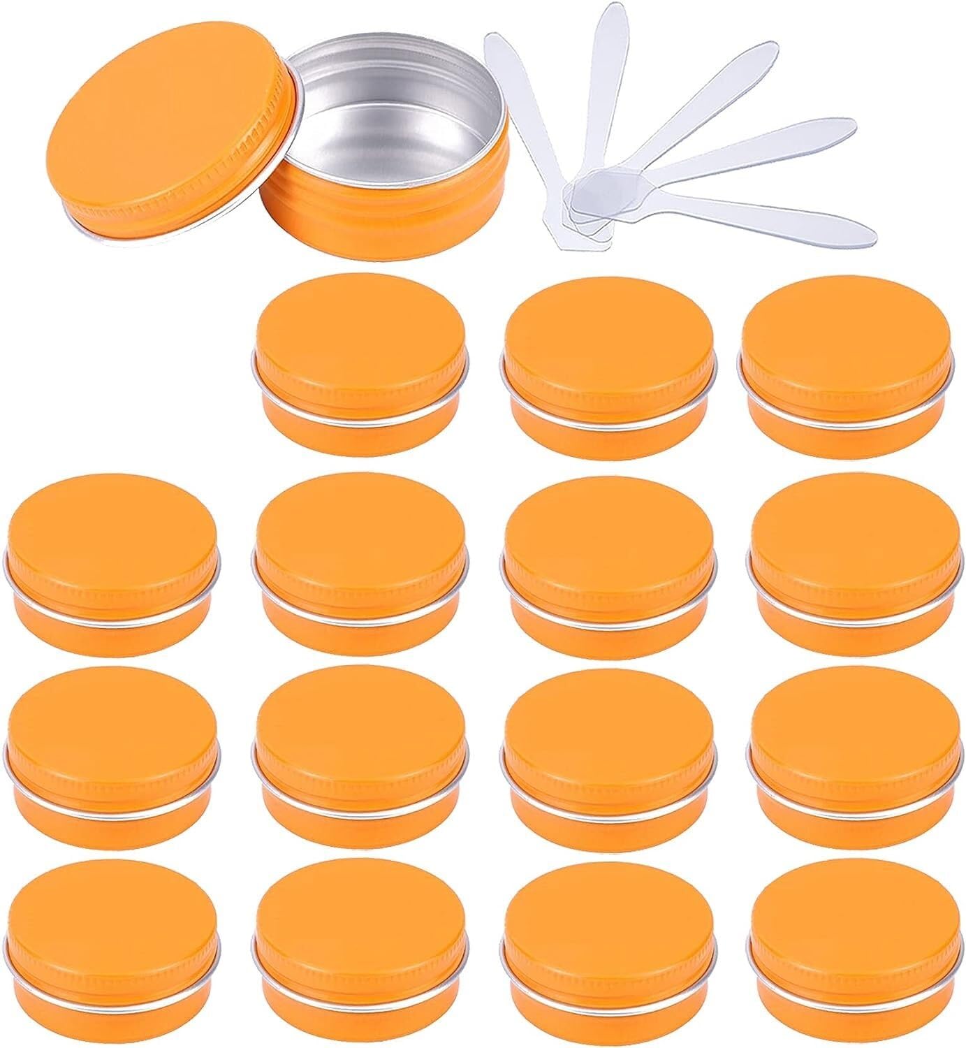 KRXSOBNV Cosmetic Jars, 48 PC Aluminium Tins with Screw Lids Storage Jars Cosmetics Containers Pots with 6 Spatula(Orange,0.5 Ounces)