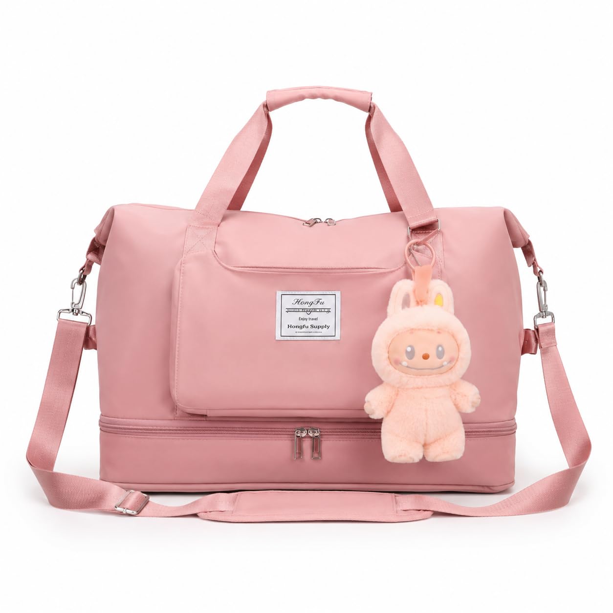 women’s travel duffel bag with shoe compartment & adjustable shoulder strap | waterproof weekend gym bag with cute bunny keychain | large capacity overnight tote for women & girls (pink)