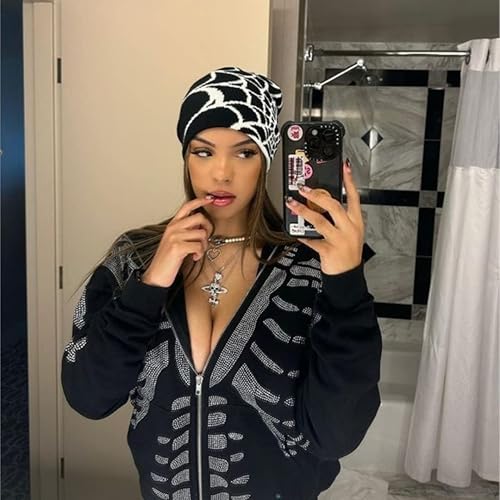 Miniatura 2 de Dicusph Y2K - Gorro de punto de lana con patrón de araña gótica para mujer gorro de invierno cálido para hombre casual calaveras al aire libre