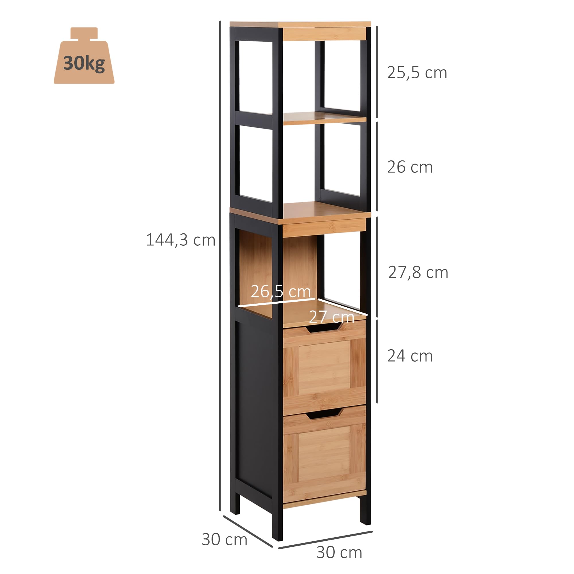 HOMCOM Meuble Colonne Rangement Salle de Bain Style Cosy dim. 30L x 30l x 144H cm 3 étagères 2 tiroirs Bambou Noir