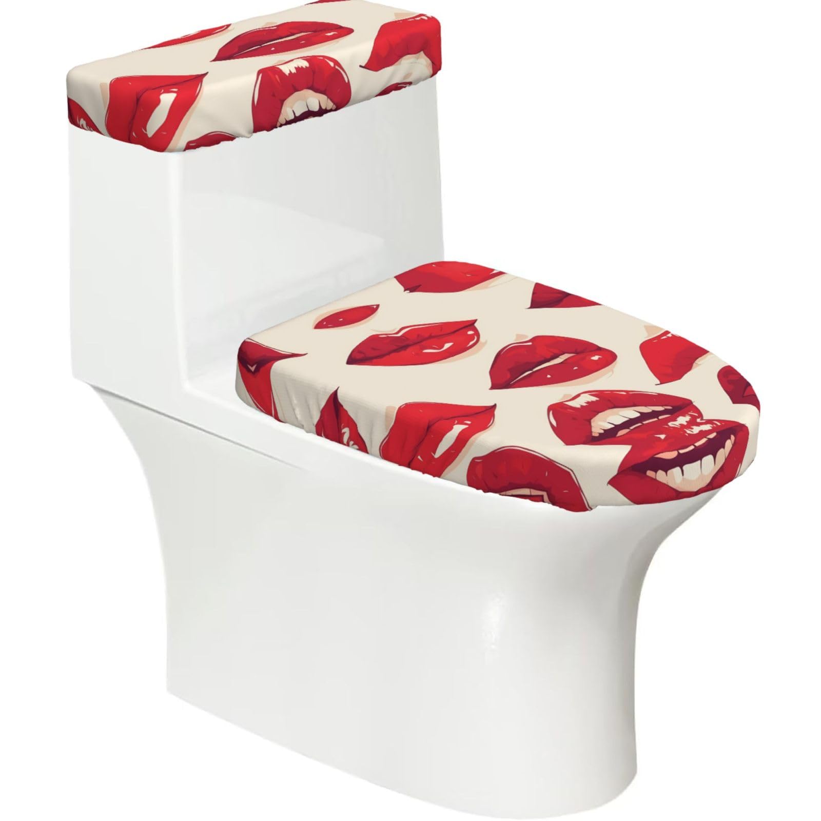 Kiss 2-Piece Toilet Seat Cover Set with Tank Lid - Elastic for U-Shape & Elongated - Bathroom Decor