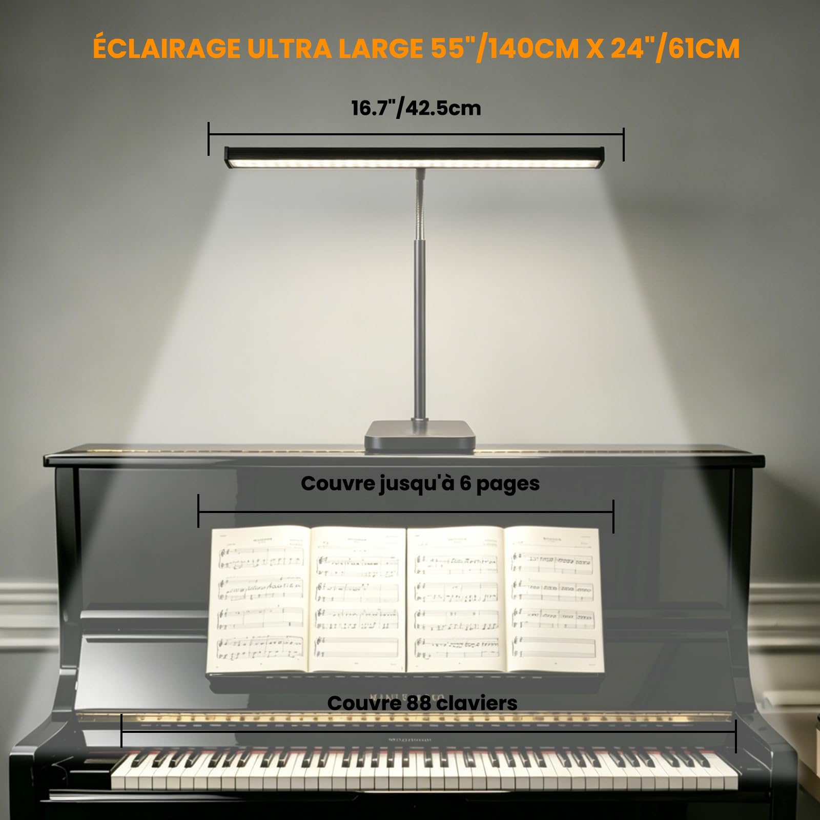 Lampe LED pour Piano, 3 modes de couleur, 10 niveaux de luminosité réglables, alimentation USB, tube flexible à 360°, socle métallique stable, adaptée au piano, piano à queue et bureau