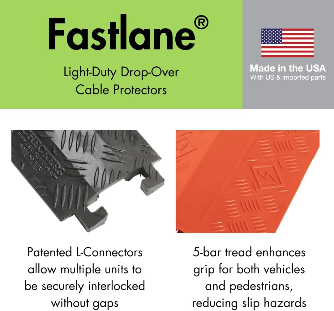 Checkers 1 Channel 3' Long Light Duty Drive Over Cable Protector for Multiple 0.5" Lines - Floor Cable Cover for Walkways and Driveways - Made in the USA from Durable Polyurethane - Orange - FL1X1.5-O