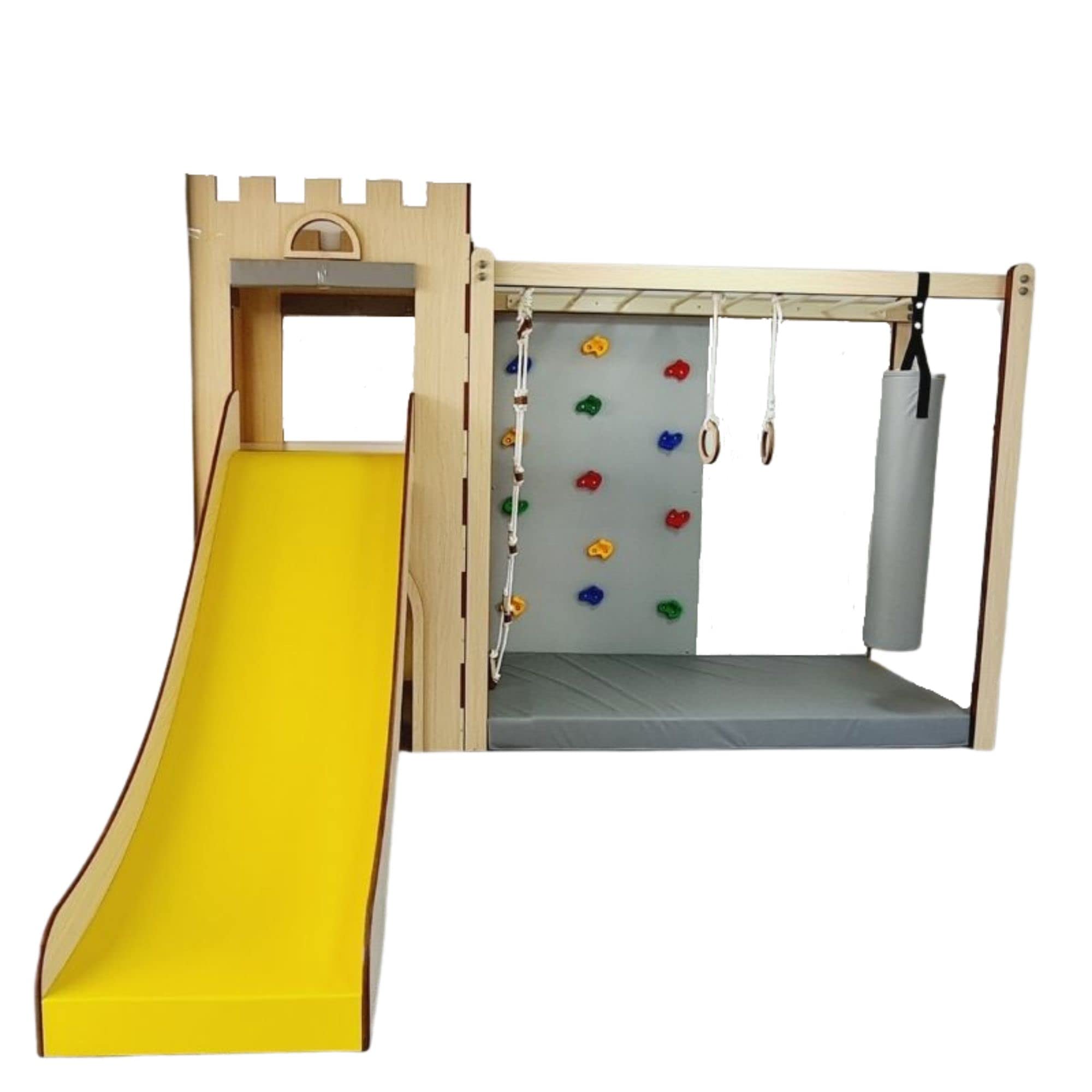 Moon Kids Castle Tower With Monkey Bars, Climbing Wall With Hand Grips, Rope Ladder, Gym Rings, Punch Bag, Safety Mat And Slide For Kids 4+ Years