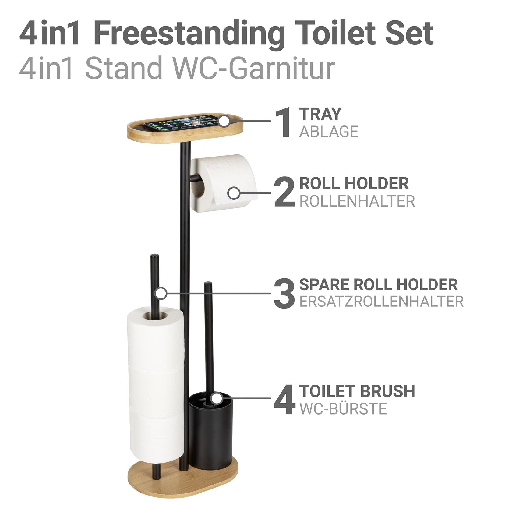 Stand WC-Garnitur Mod. Pomarolo, Bambus, Stahl, Natur/schwarz, 25x70,5x17 cm, inklusive Ablagefläche für Handy