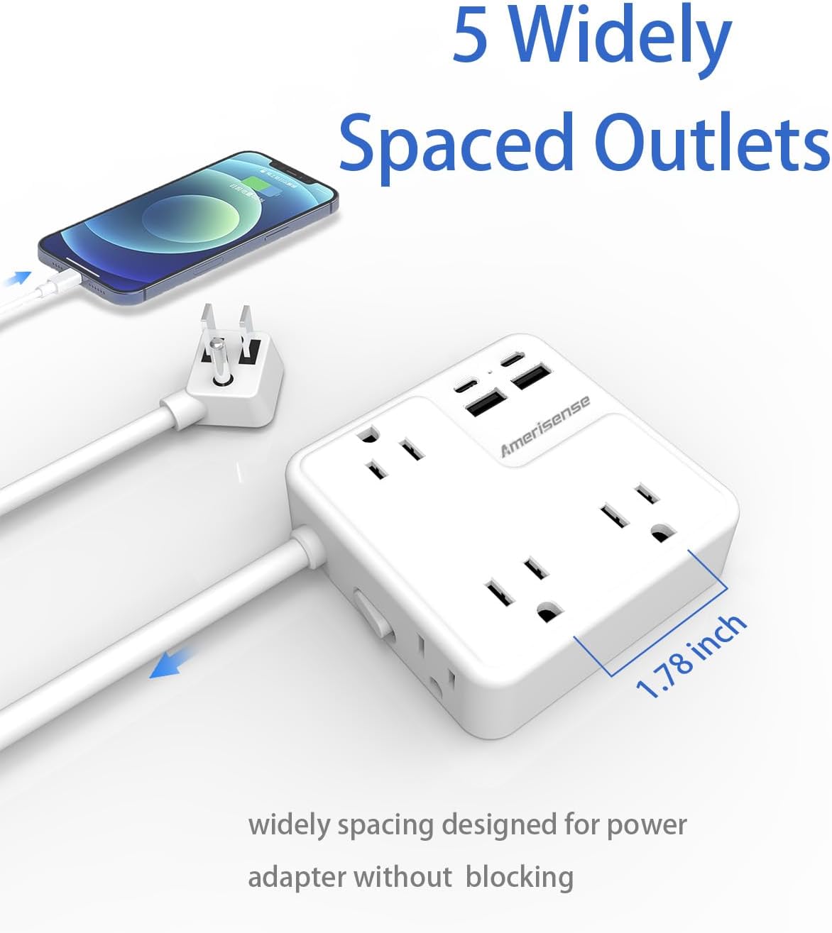 Power Strip Surge Protector, Amerisense Wall Outlet Extender with 6 AC outlets & 4 USB Ports (2 Type-C &2 Type A Ports),900 Joules Protection 10FT Extension Cord,White