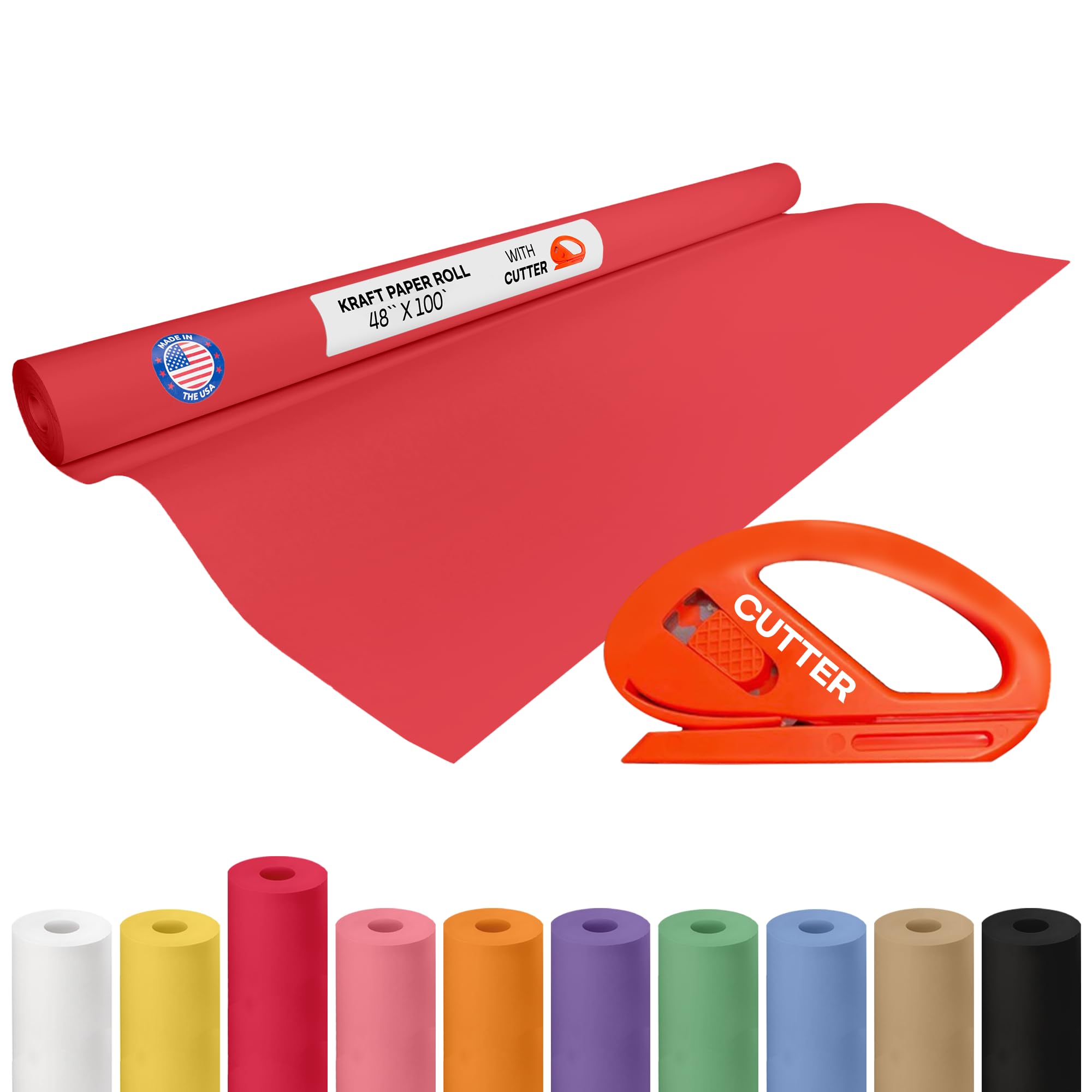 Red Kraft Paper Roll 48" x 1200" (100 feet) with Cutter - USA-Made Gift Wrapping Paper for Packing, Moving, Shipping &amp; Crafts/Arts - 100% Recyclable Natural Craft Material by IDL Packaging