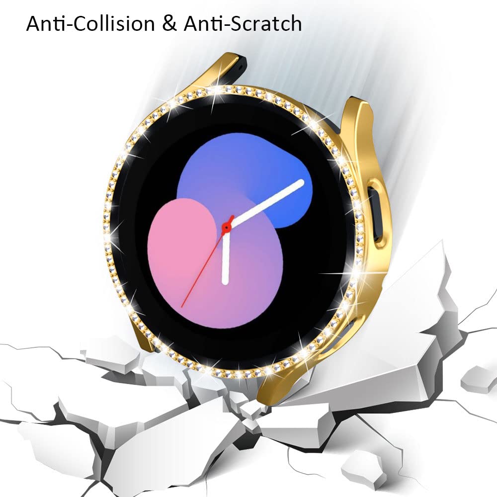 DEALELE [2-PACK] Case Compatible with Samsung Galaxy Watch 5/4 44mm, Bling Single-Row Diamond PC Protective Case Replacement Watch Cover Bumper (44mm, Gold+Transparent) — view 3