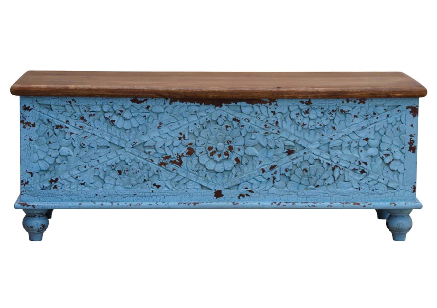 Wooden Carved Storage Trunk, Wooden Carved Trunk, Coffee Table for Living Room, Center Table with Storage, Deccorative Box, Blanket Box for Bedroom, Carved Floral Design, Blue Distressed Finish-image-46