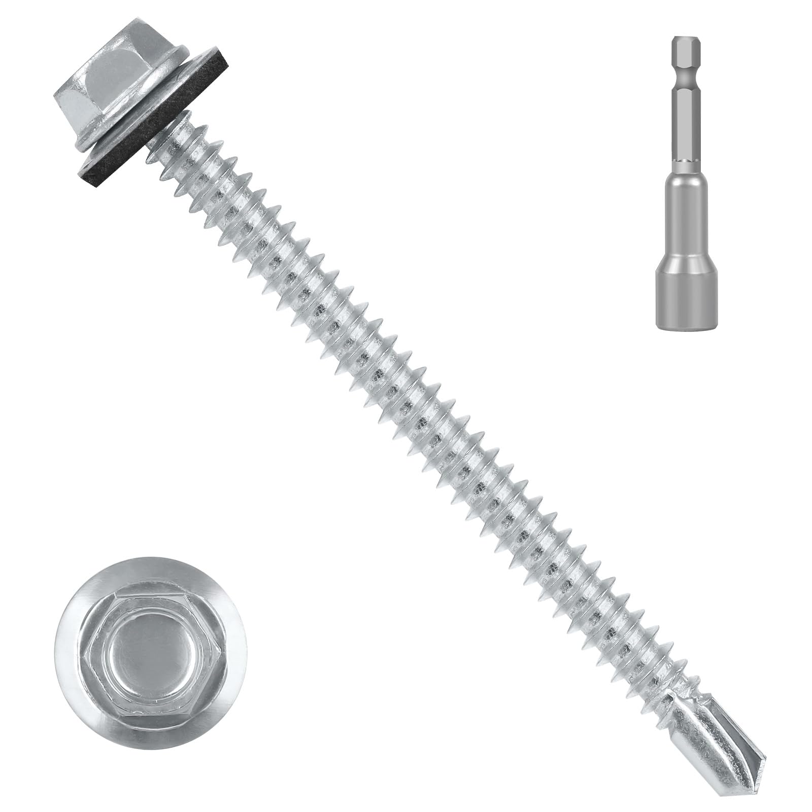 #14 x 5 (50 PCS) Metal Roofing Screws with Rubber Washer, Hex Head Self Tapping Screws for Metal, Self Drilling Sheet Metal Screw, Hex Bit Socket