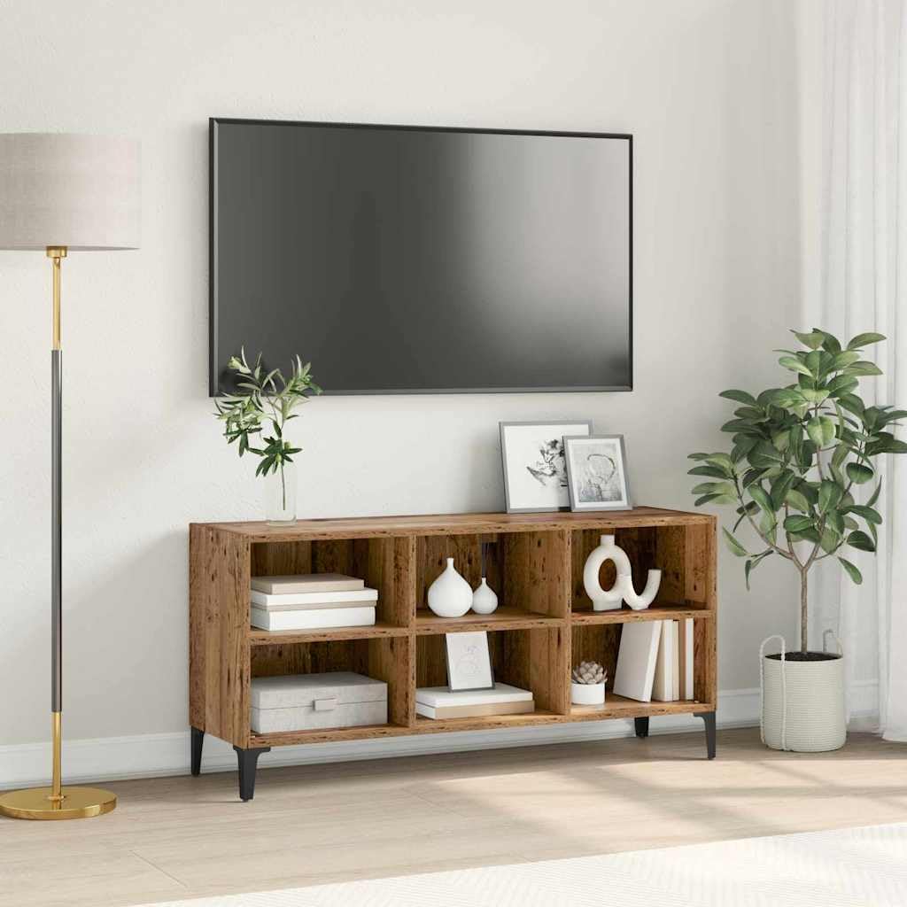 Szafka telewizyjna brązowa przemysłowa szafka TV z 4 przegródkami, stabilny stojak do organizowania książek i urządzeń multimedialnych 69,5 x 30 x 50 cm drewno przeciwko